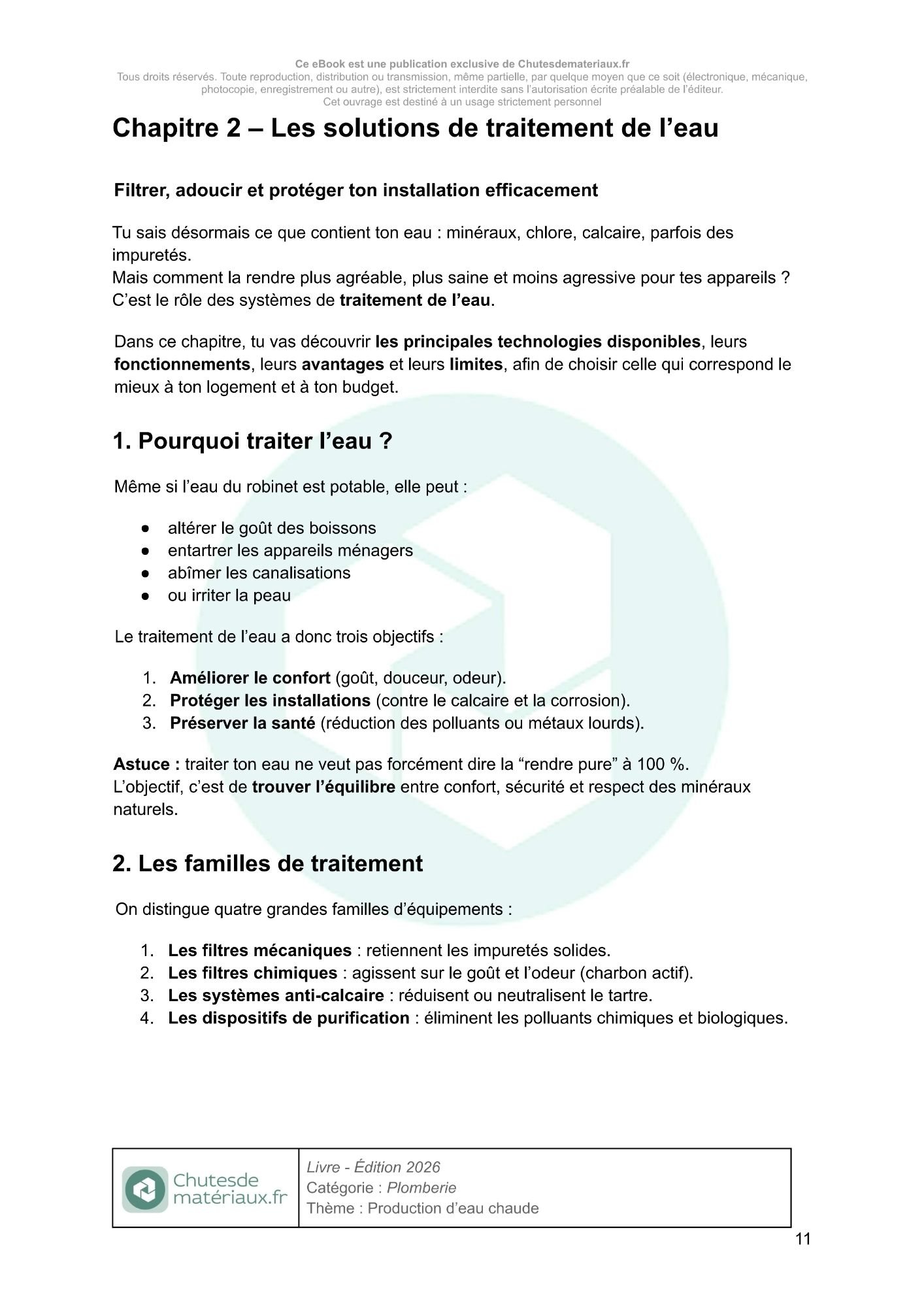 Page du guide présentant les principales solutions de traitement de l’eau : filtration, adoucissement, anti-calcaire et dispositifs de purification.
