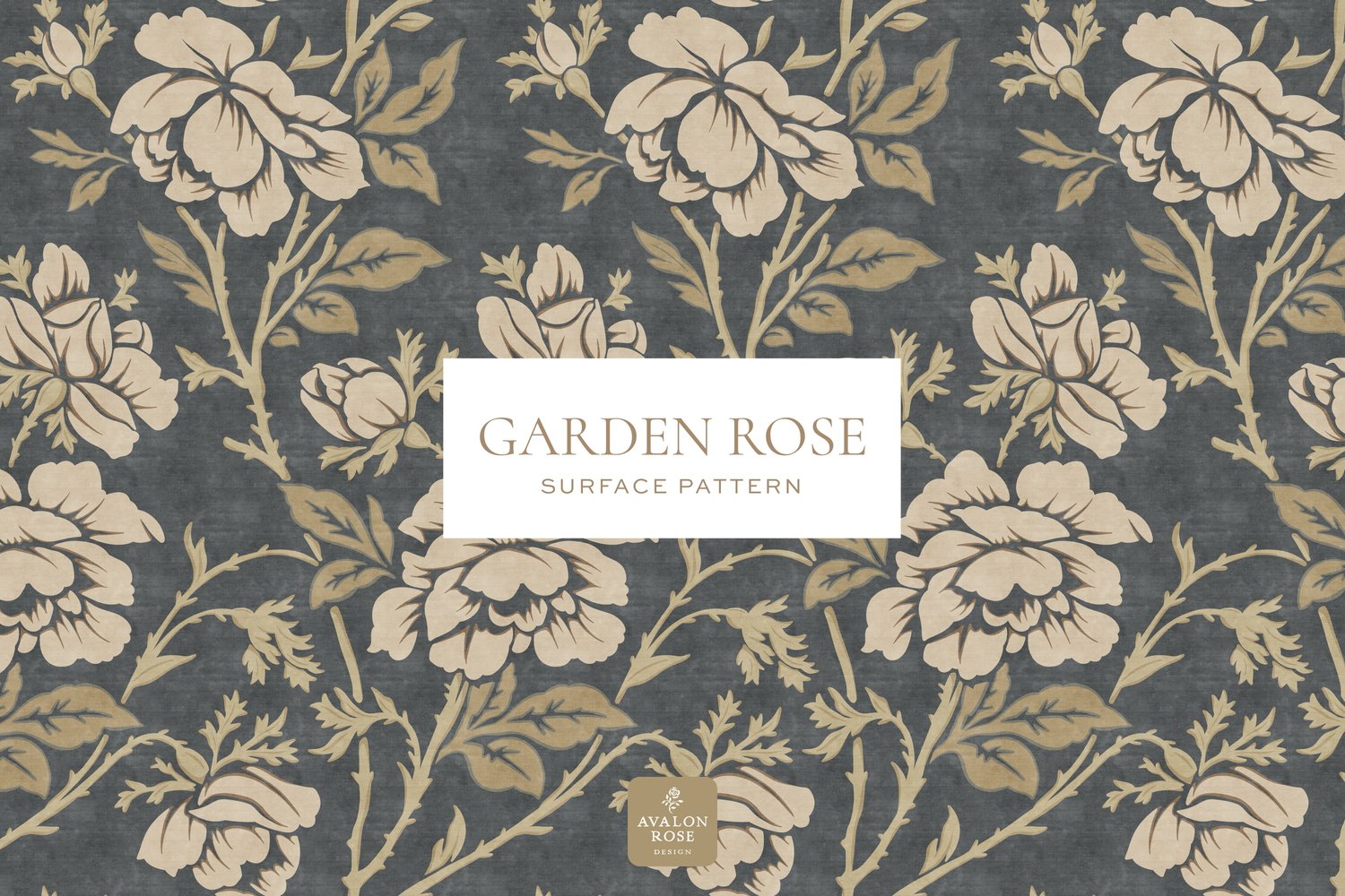 Vintage rose illustrated pattern design in dark gray and beige
