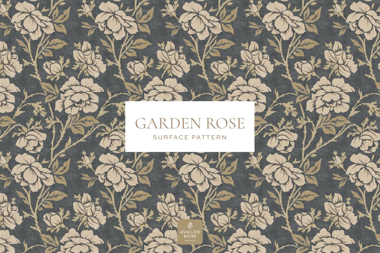 Vintage rose illustrated pattern design in dark gray and beige