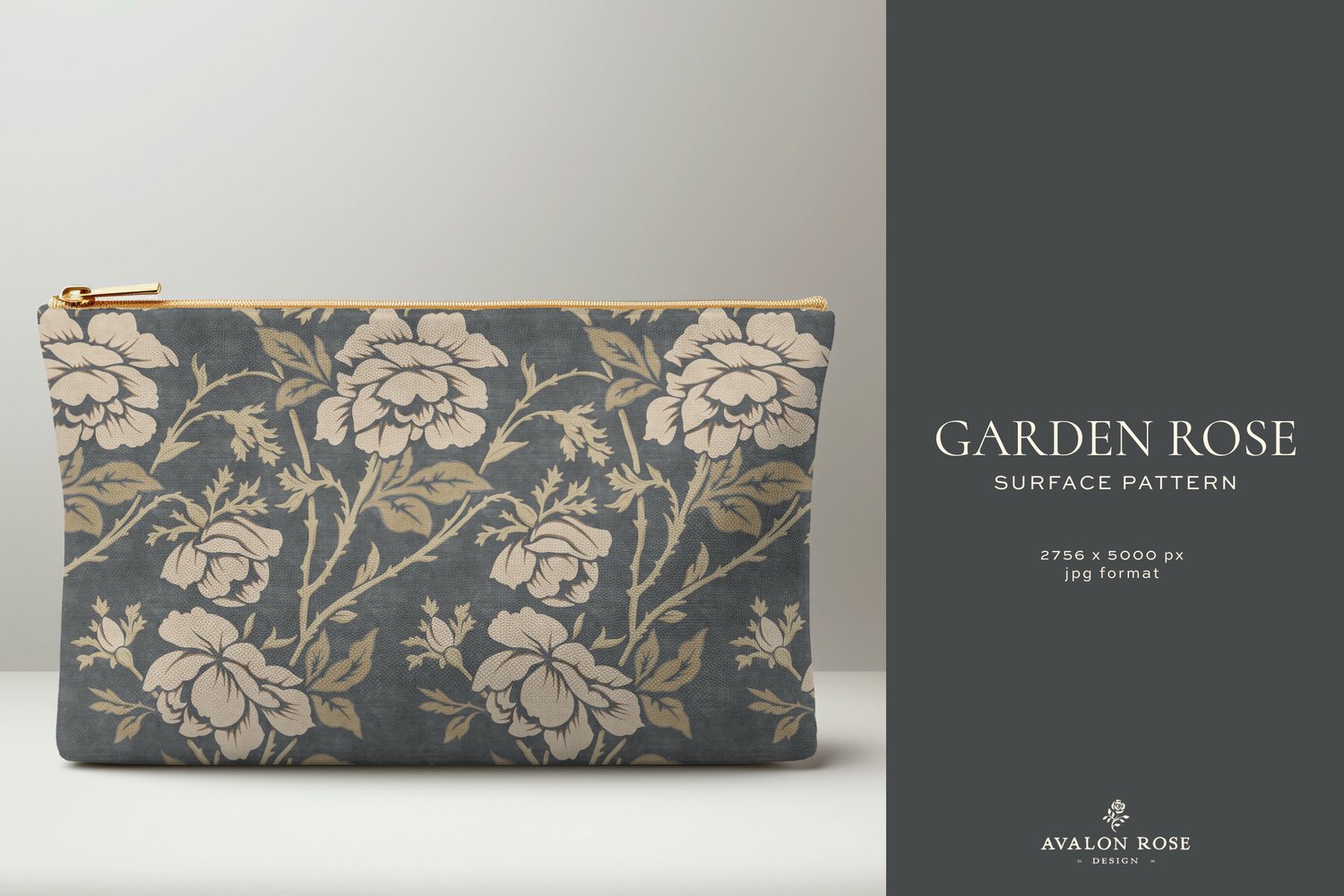 Vintage rose illustrated handbag design in dark gray and beige