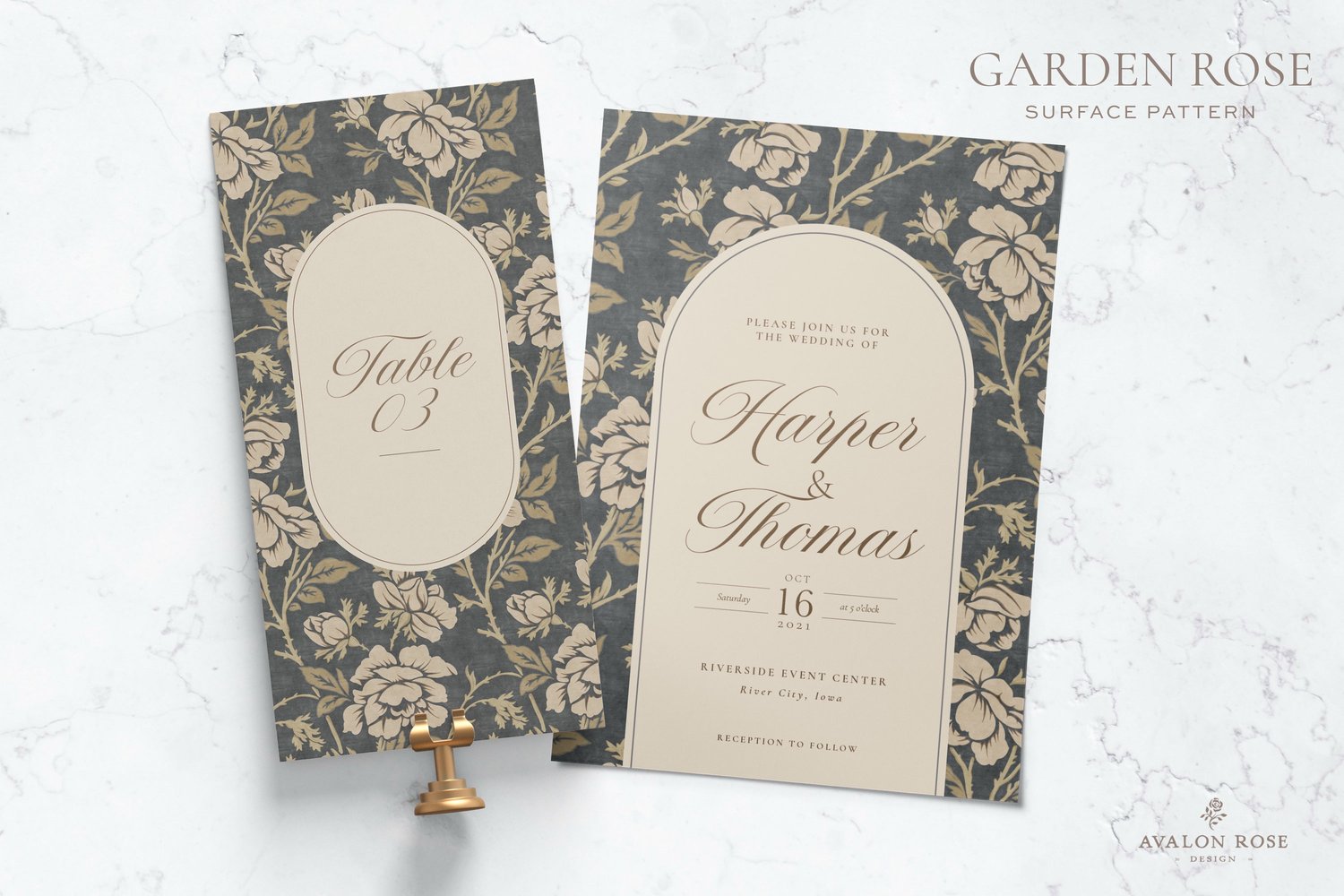 Wedding invitations with a vintage rose illustrated pattern design in dark gray and beige