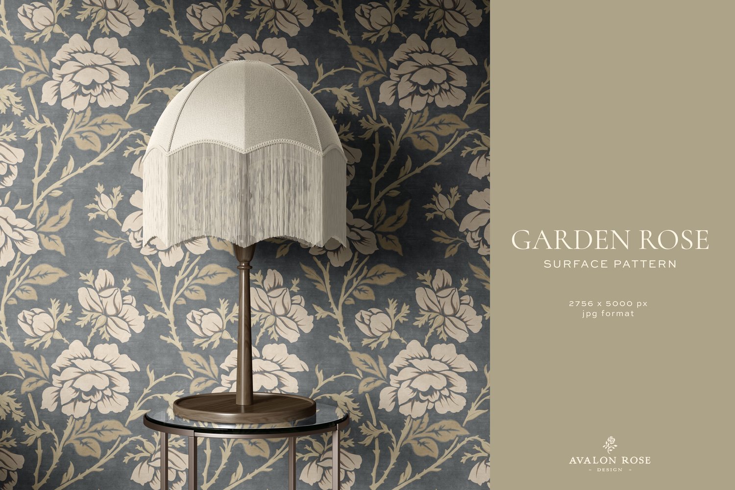 Vintage rose illustrated wallpaper design in dark gray and beige with a lamp on a table