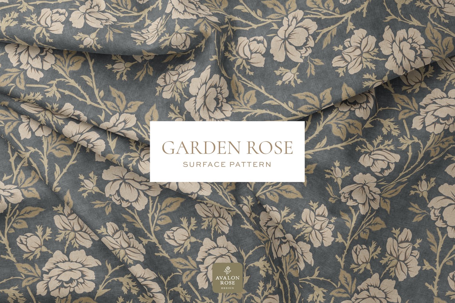Fabric with a vintage rose illustrated pattern design in dark gray and beige