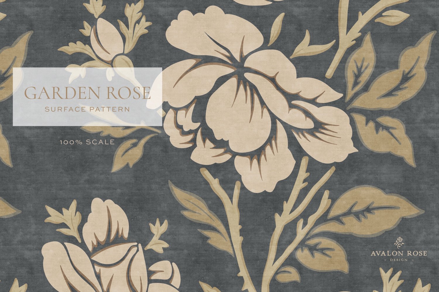 Vintage rose illustrated pattern design in dark gray and beige