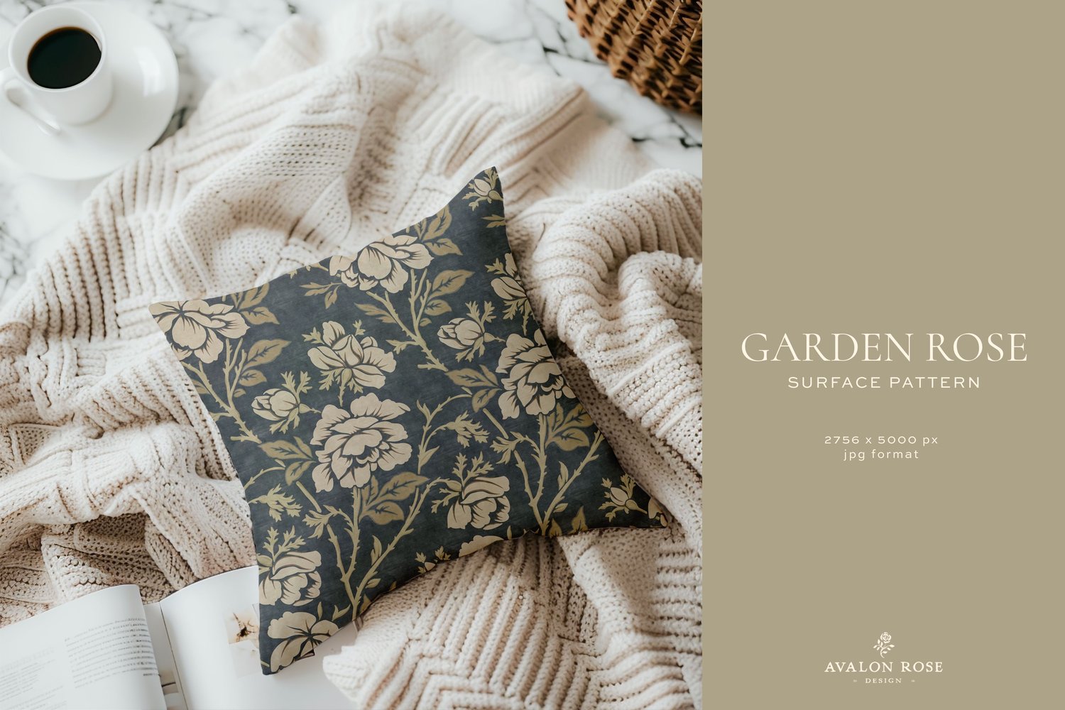 Throw pillow with a vintage rose illustrated pattern design in dark gray and beige