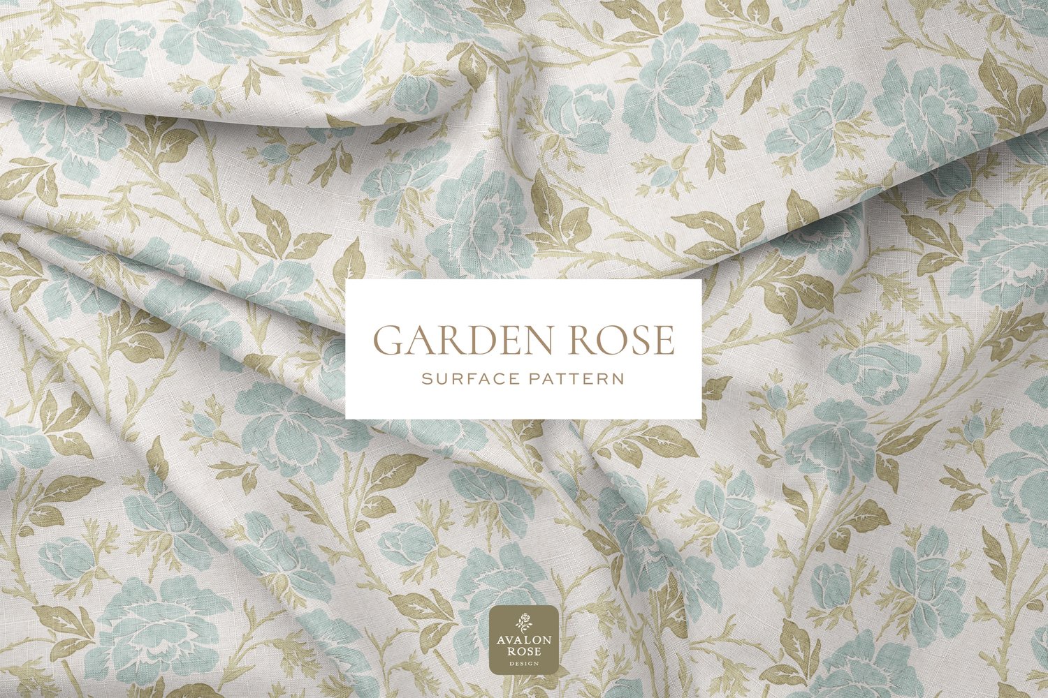 fabric with a vintage rose illustration surface pattern in pale blue, sage green, and white