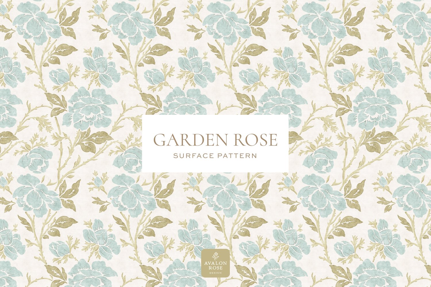 vintage rose illustration surface pattern in pale blue, sage green, and white