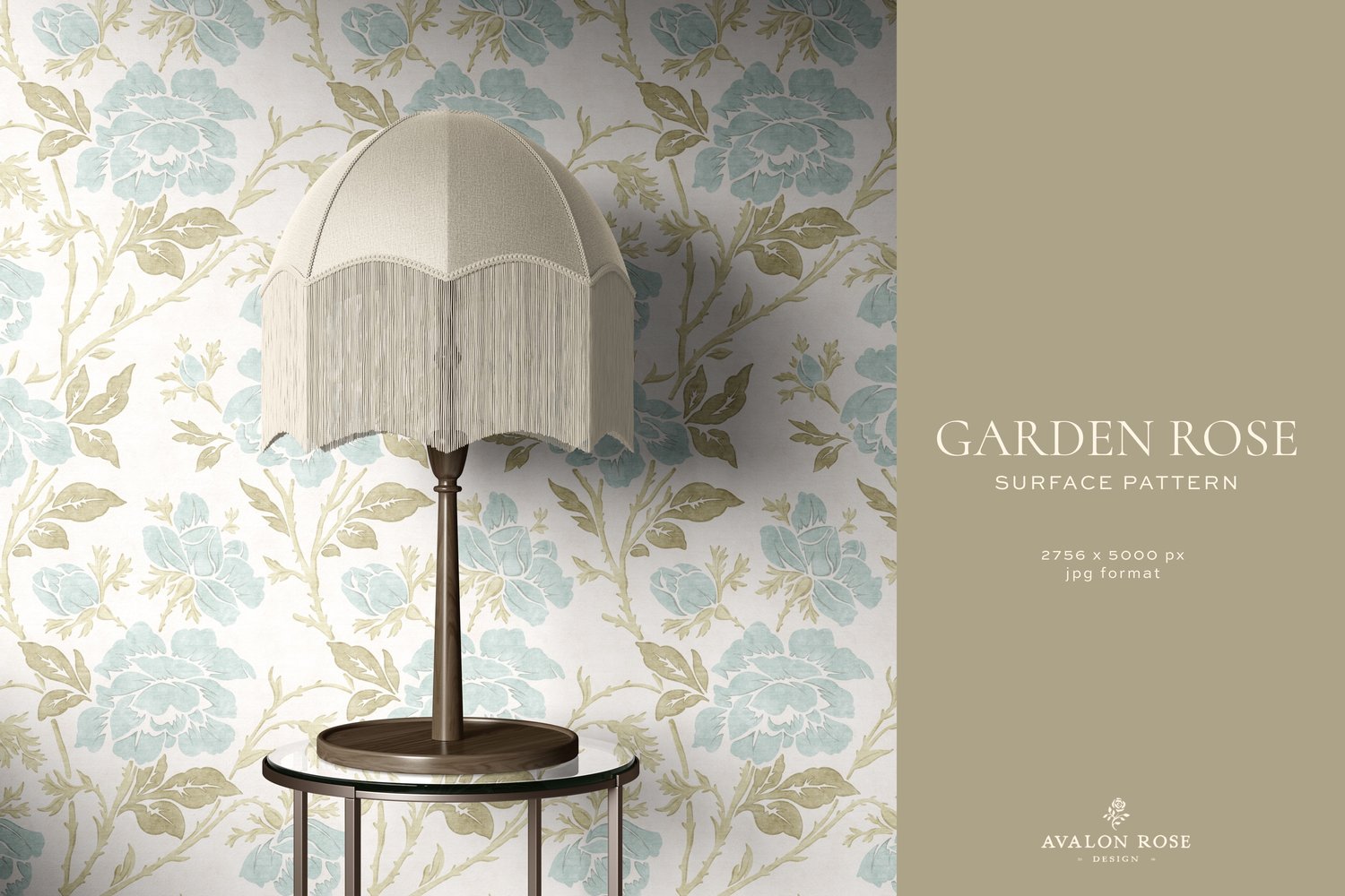 room with vintage rose illustration wallpaper in pale blue, sage green, and white with a lamp
