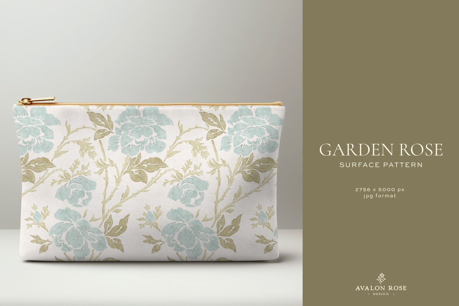 handbag with a vintage rose illustration surface pattern in pale blue, sage green, and white