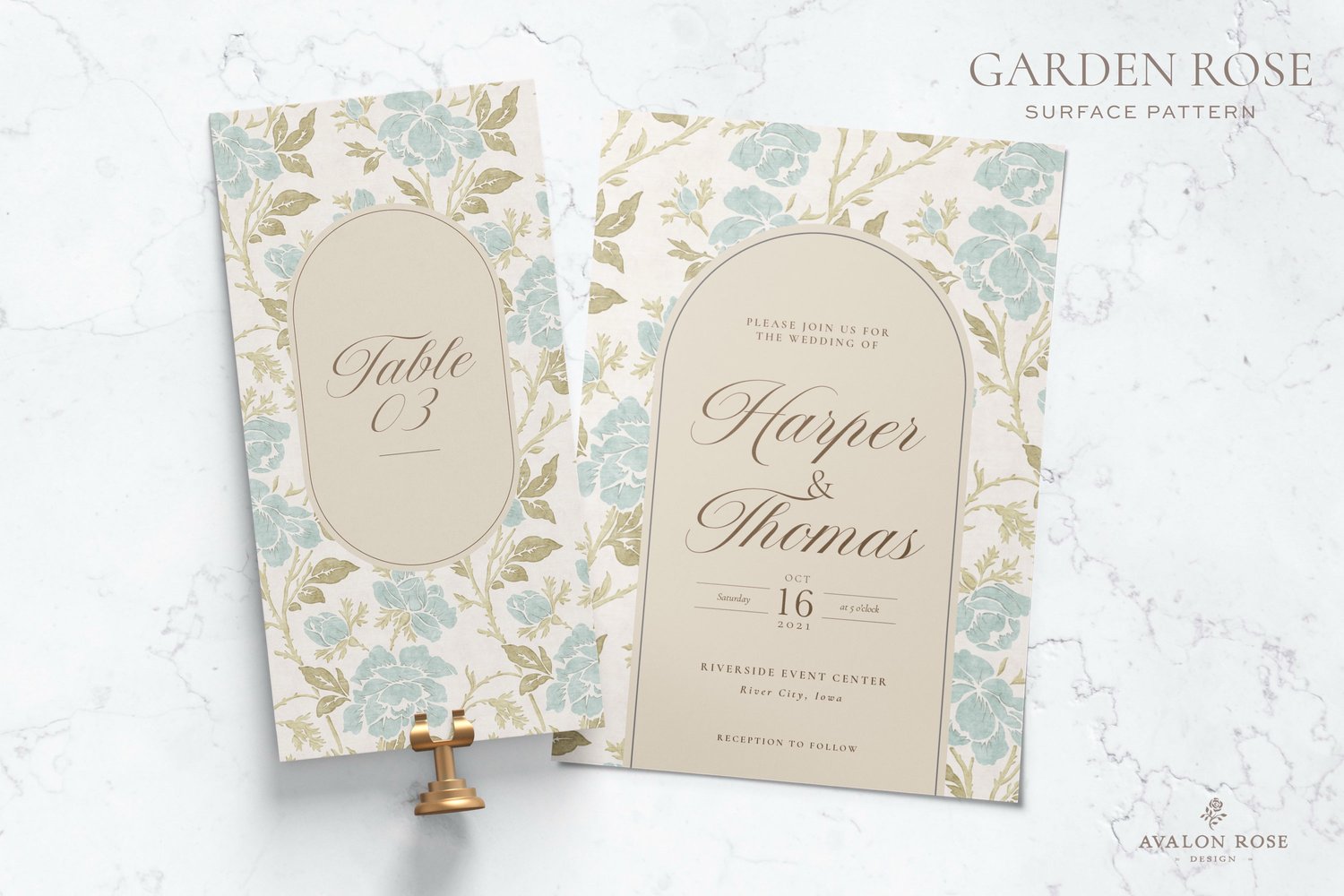 wedding invitations with a vintage rose illustration surface pattern in pale blue, sage green, and white