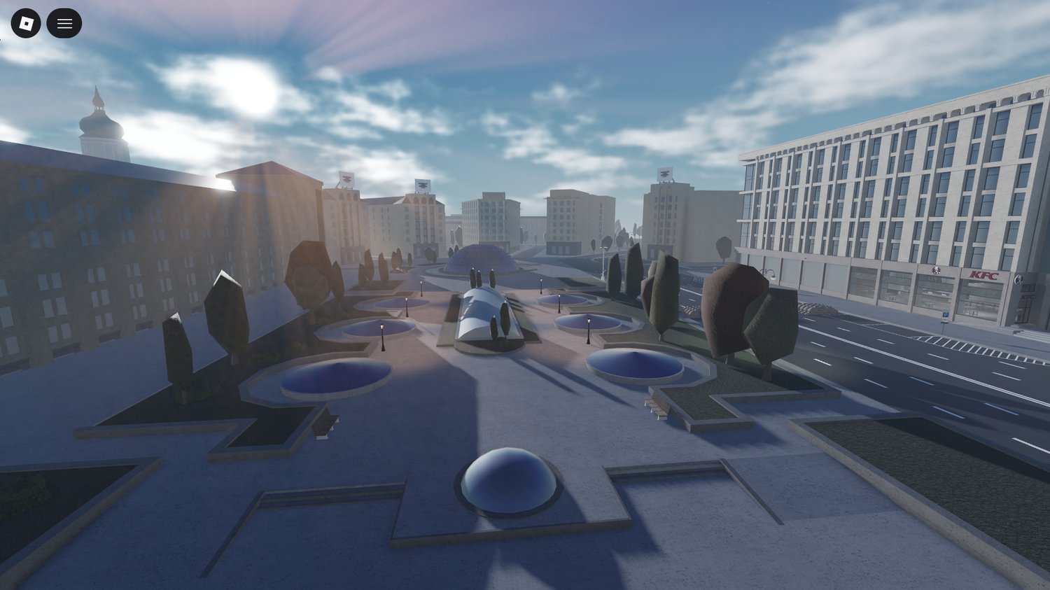 Detailed public square with surrounding buildings