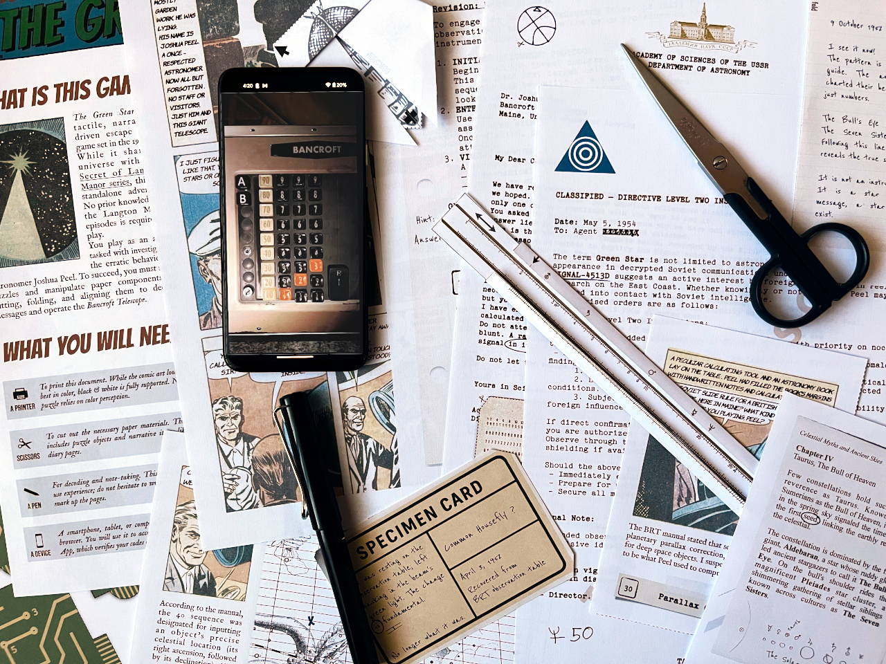 Flat lay of The Green Star printable escape room game. A smartphone runs the interactive Bancroft Telescope companion app in the center, surrounded by physical game components including a paper slide rule, vintage comic book panels, classified documents, and scissors for solving tactile puzzles.