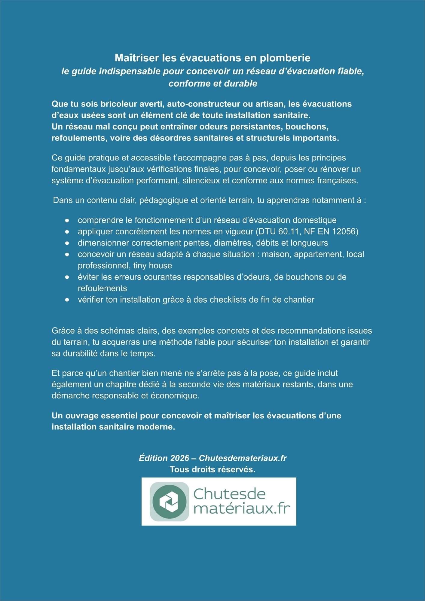 Couverture eBook plomberie dédiée aux évacuations d’eaux usées avec illustration de siphon et réseau sanitaire