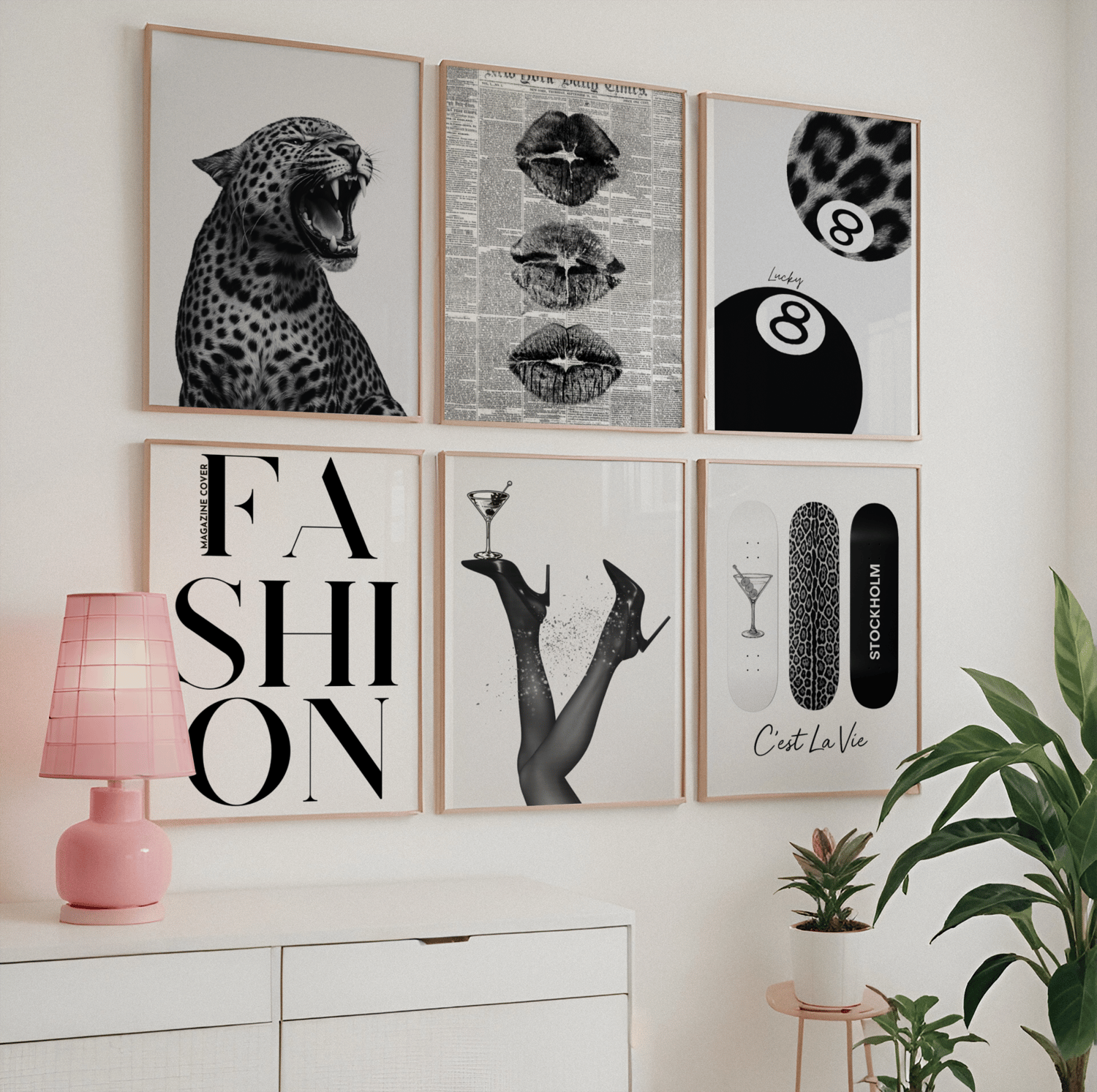 Gallery wall display featuring six aesthetic wall art posters with fashion, animal and typography designs in neutral tones.