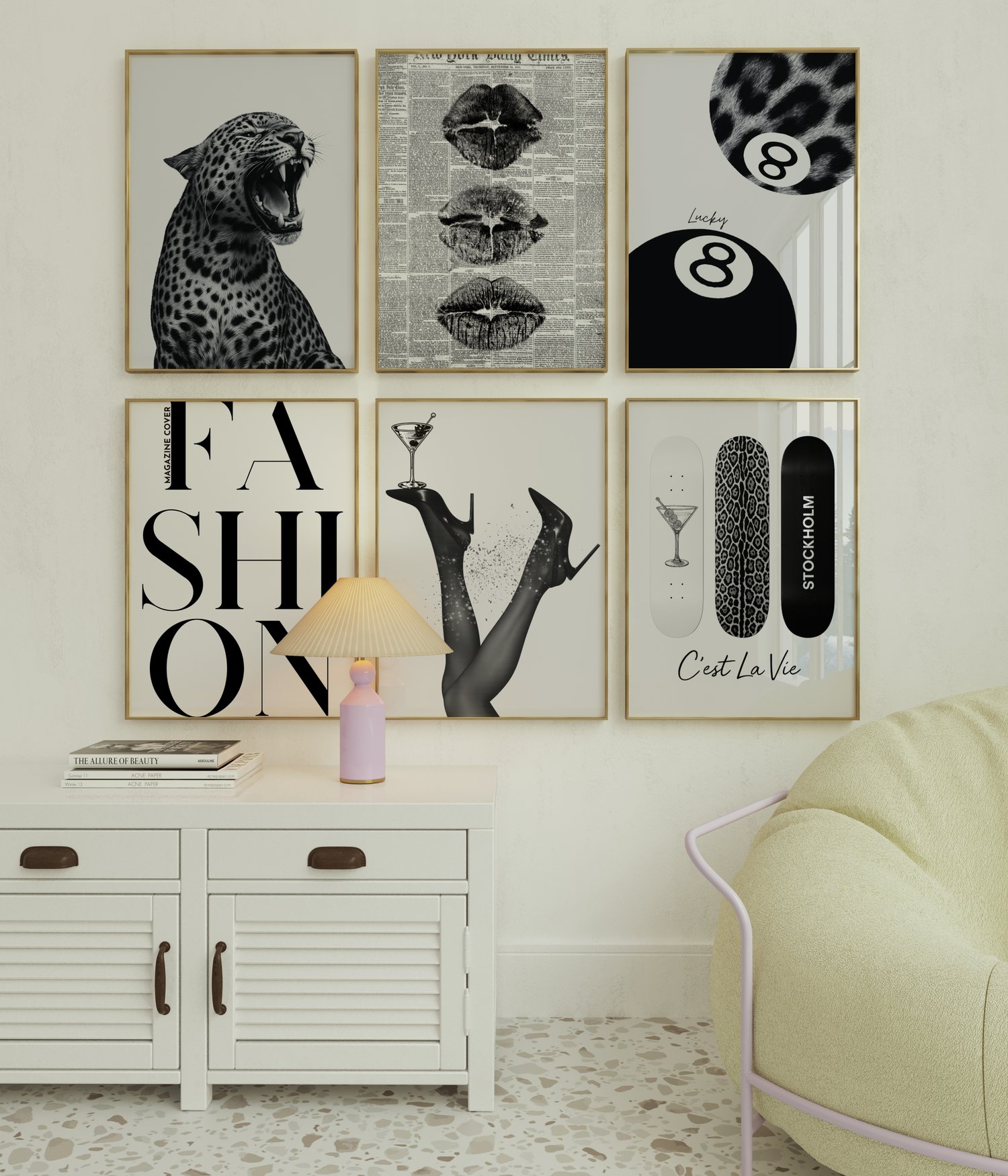 Gallery wall display featuring six aesthetic wall art posters with fashion, animal and typography designs in neutral tones.