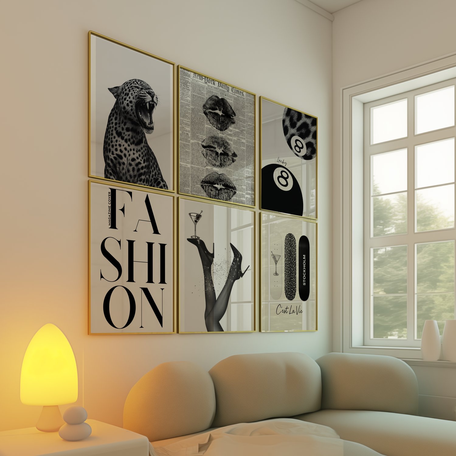 Gallery wall display featuring six aesthetic wall art posters with fashion, animal and typography designs in neutral tones.