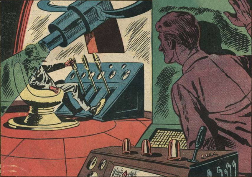 Retro 1950s comic book style illustration from The Green Star printable escape room, showing a man in a control room operating a futuristic machine while another figure watches from the shadows.