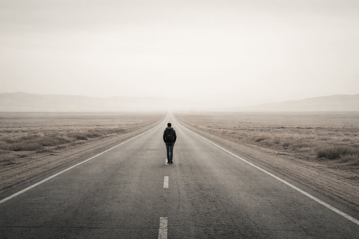 A single figure walking away from camera on an empty road/path that stretches to the horizon. The person should be small in the frame, dwarfed by the landscape. This captures "kept walking" and the solitary nature of metabolized grief. Black and white or 