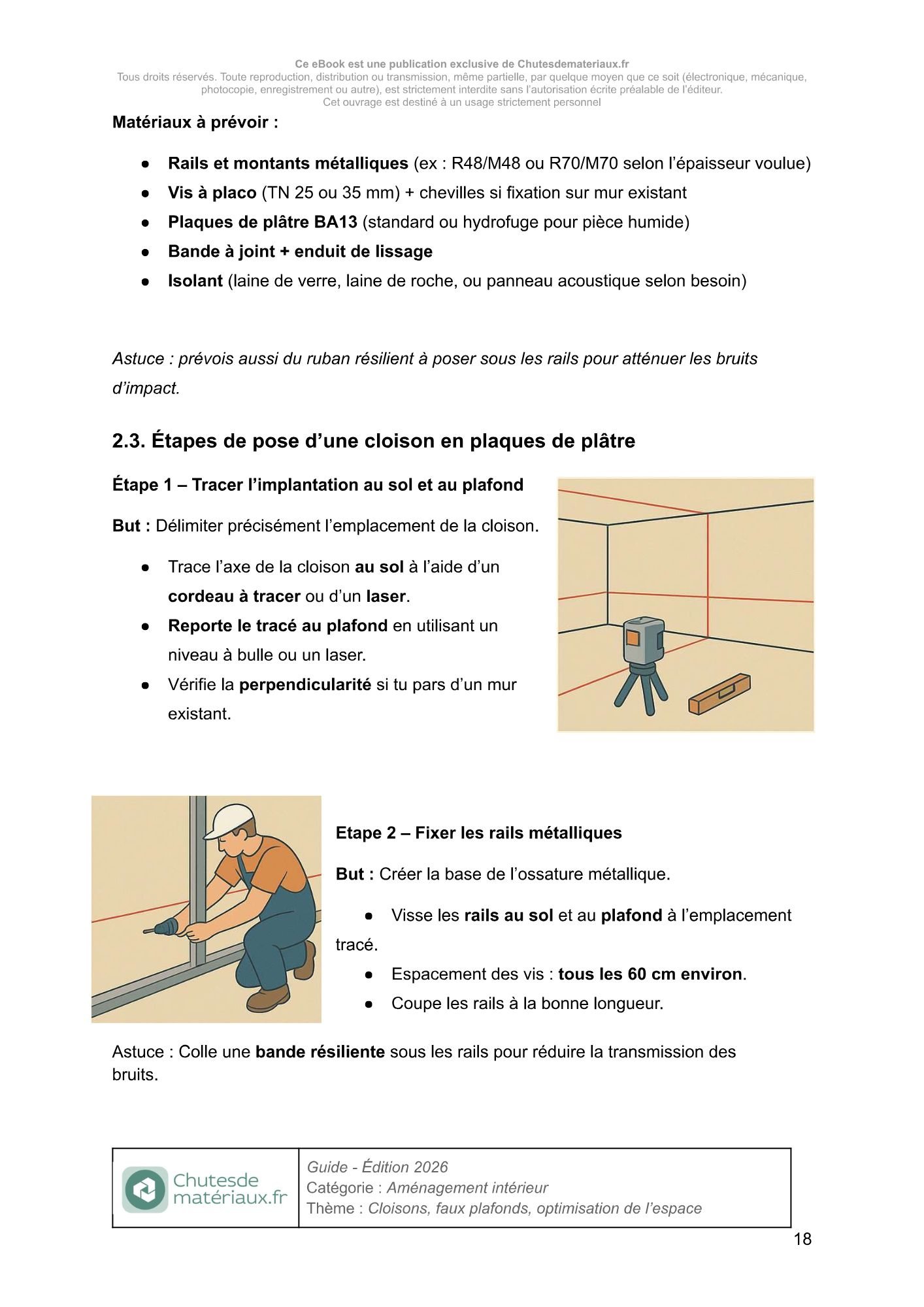 Étapes détaillées de pose d’une cloison en plaques de plâtre avec traçage, fixation des rails et conseils de mise en œuvre