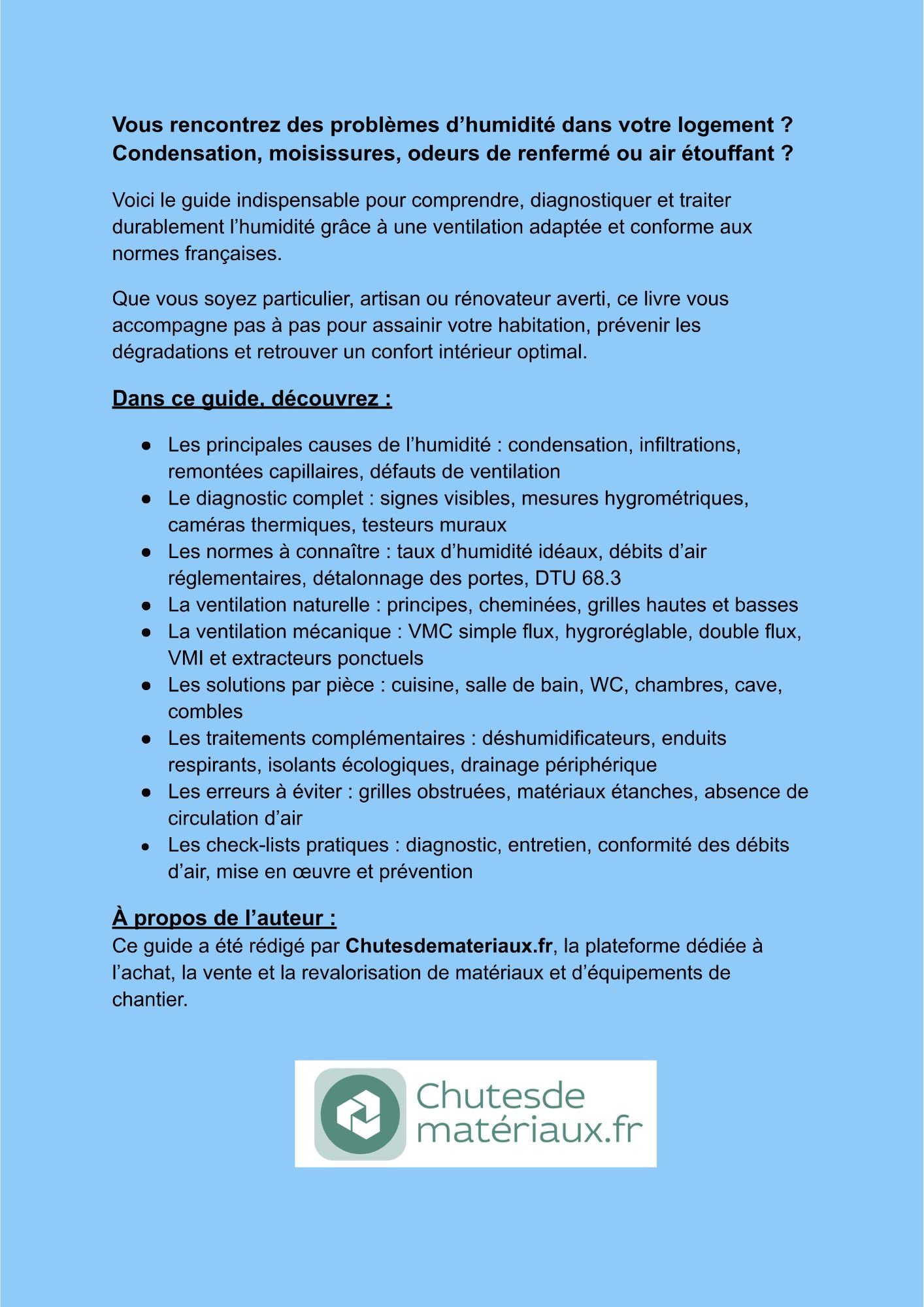 Quatrième de couverture de l’eBook Humidité et ventilation décrivant le contenu du guide et ses objectifs pour assainir un logement.