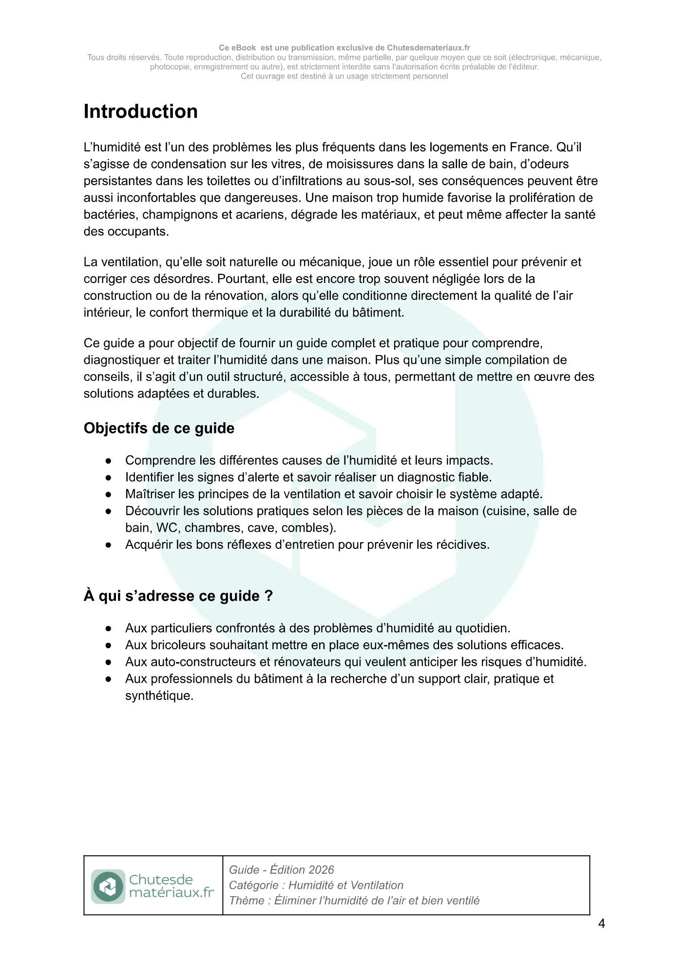 Page d’introduction expliquant les enjeux de l’humidité et de la ventilation dans un logement et leurs impacts sur la santé et le bâti.
