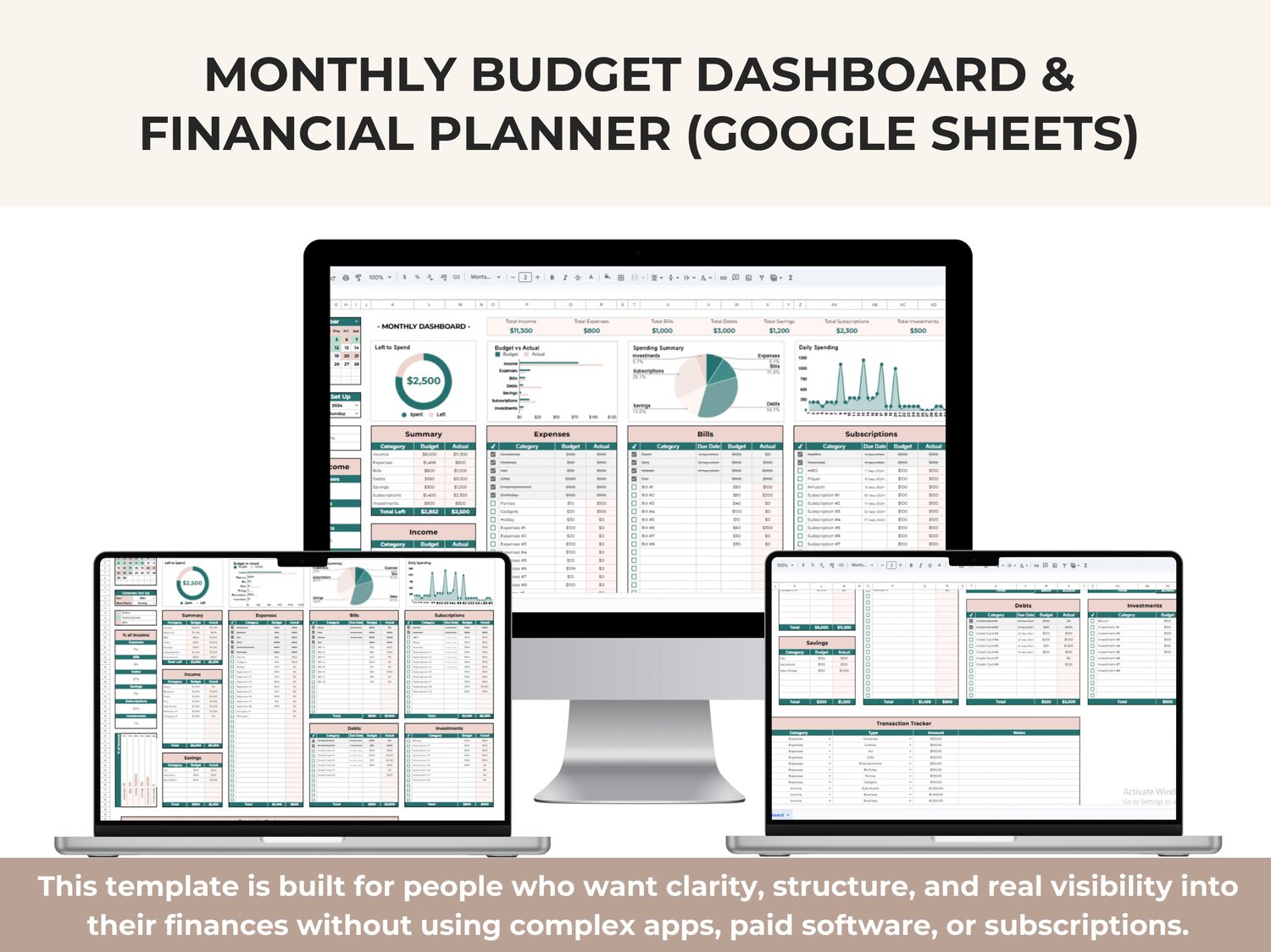 Monthly budget dashboard Google Sheets template showing income, expenses, bills, debts, savings, subscriptions, investments, and spending charts