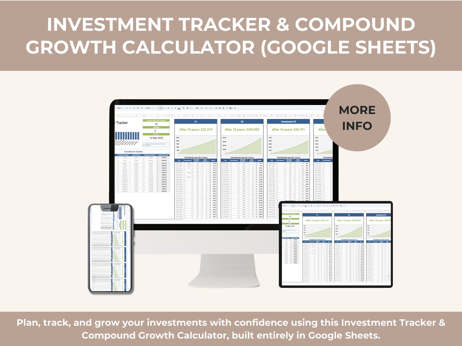 Investment tracker Google Sheets template showing compound growth charts, multiple investment scenarios, monthly contributions, and 10-year projected investment value