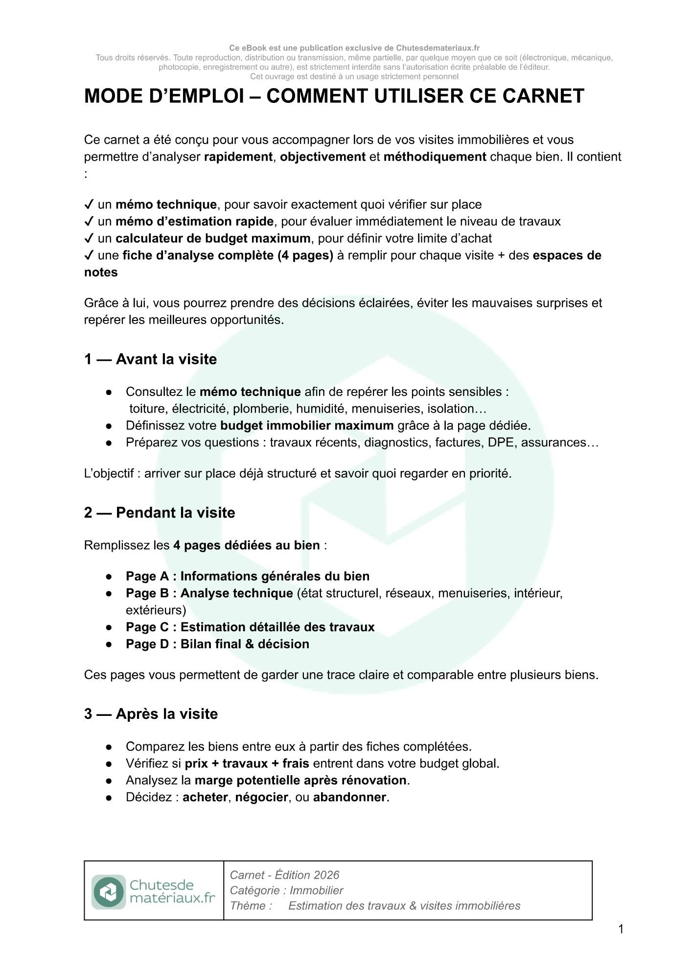 Page explicative du carnet d’analyse des travaux immobiliers détaillant son utilisation pendant les visites pour évaluer l’état du bien, le budget travaux et la rentabilité du projet.