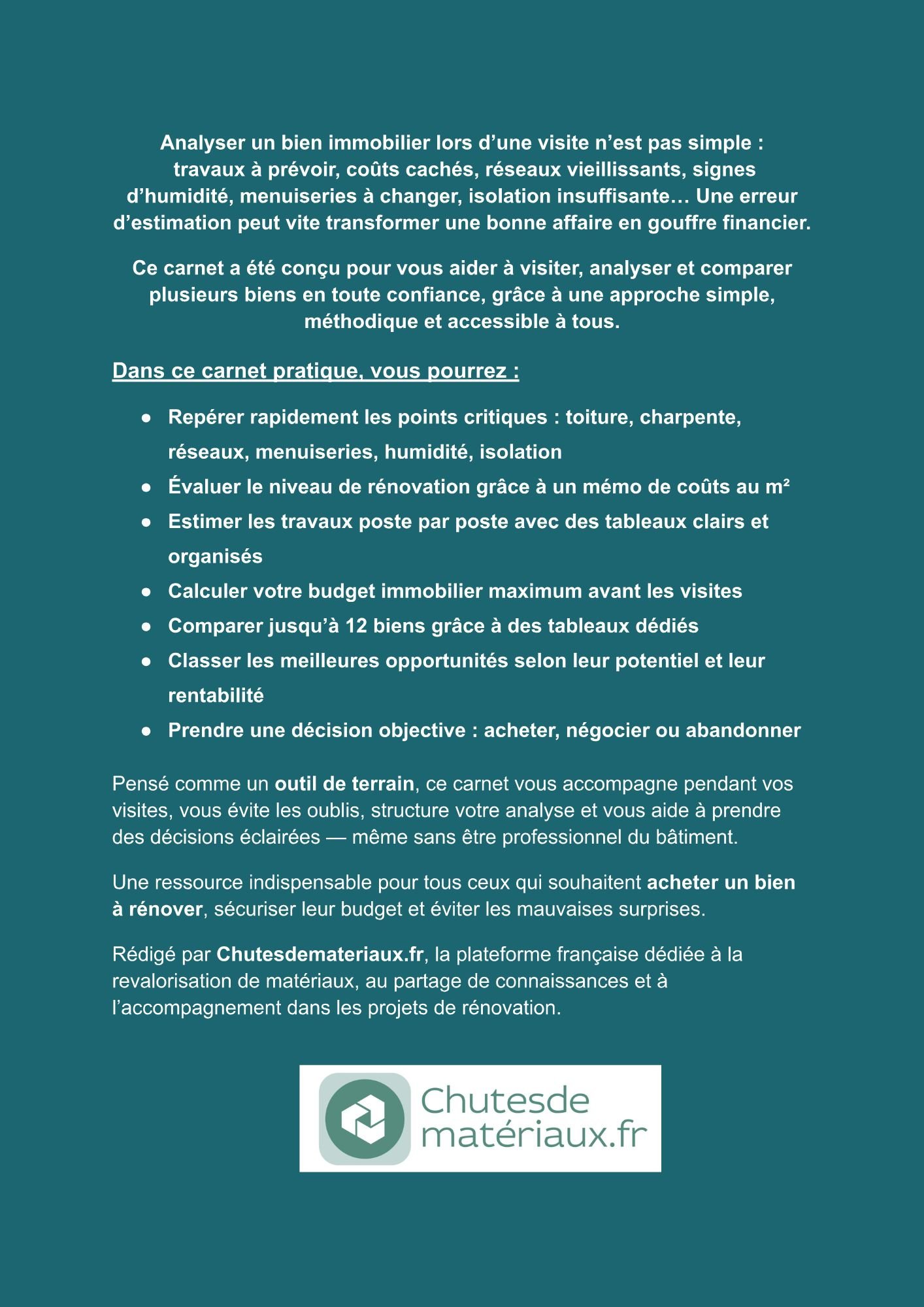 Page de présentation du carnet d’analyse des travaux immobiliers expliquant comment repérer les points critiques, estimer les coûts de rénovation et comparer plusieurs biens avant achat.