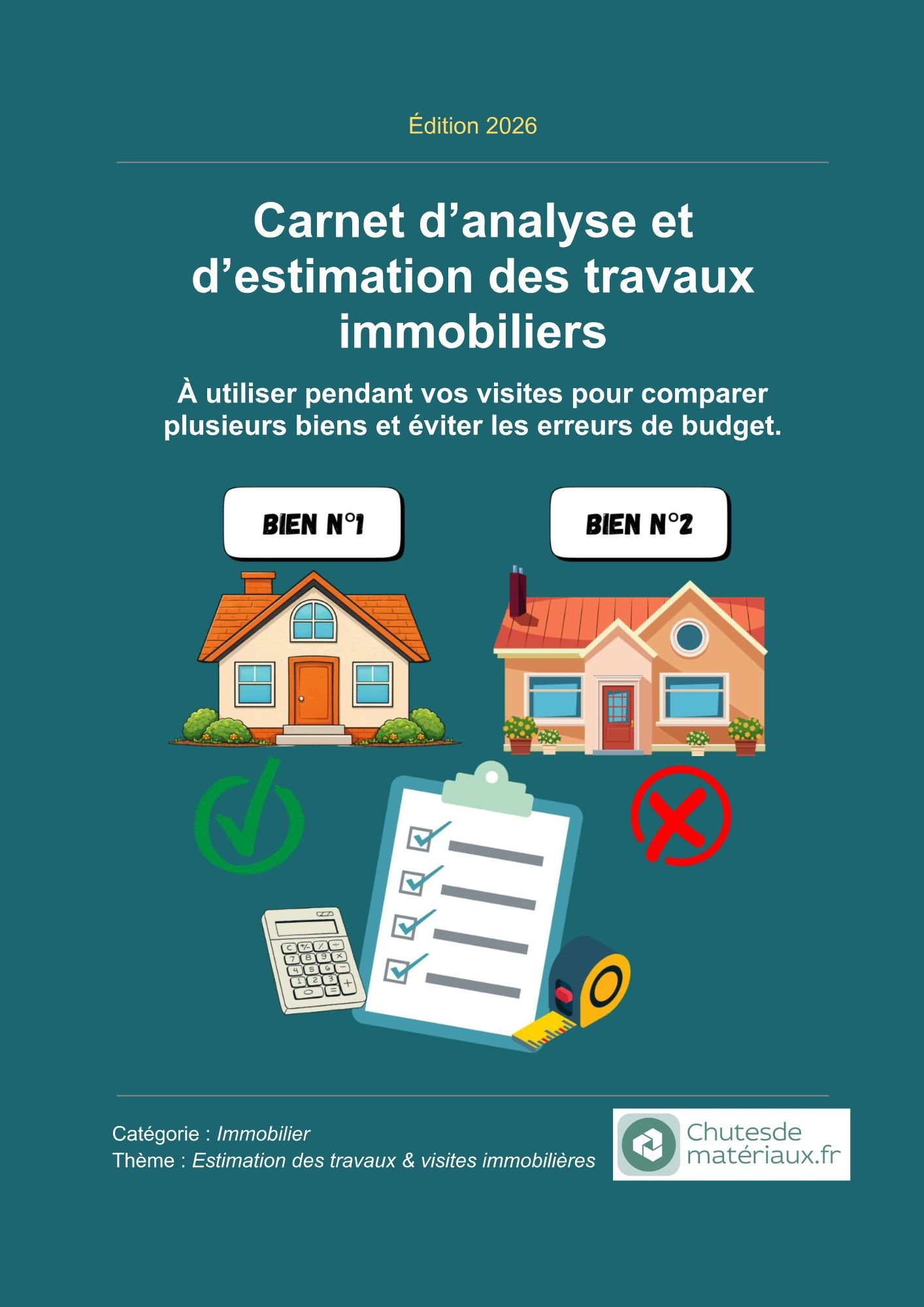 Couverture du carnet d’analyse et d’estimation des travaux immobiliers, illustrant la comparaison de plusieurs biens lors des visites à l’aide de checklists et d’outils d’évaluation.