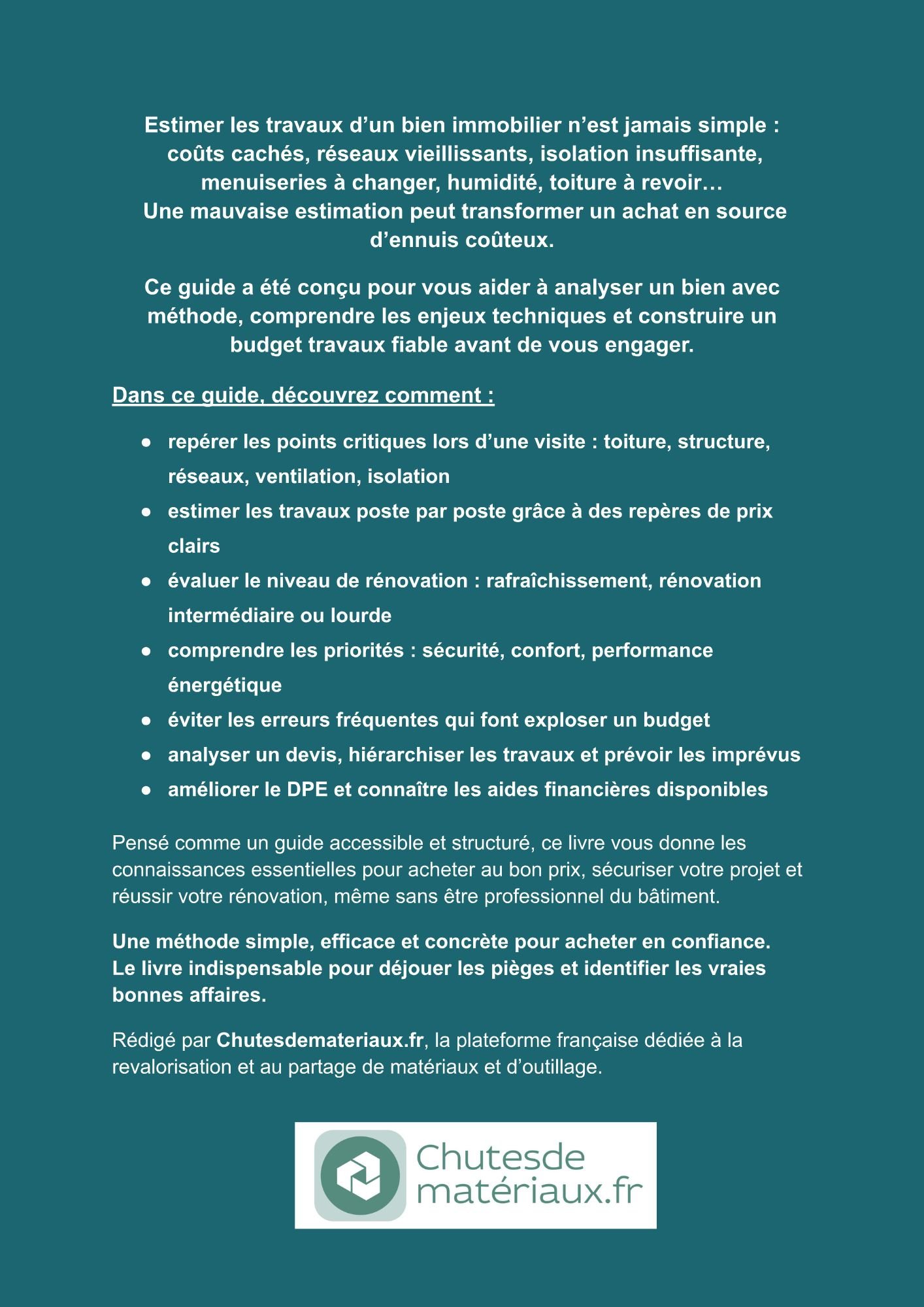Page de présentation du guide Estimer les travaux d’un bien immobilier expliquant comment analyser un bien, identifier les postes de travaux et construire un budget fiable avant achat.