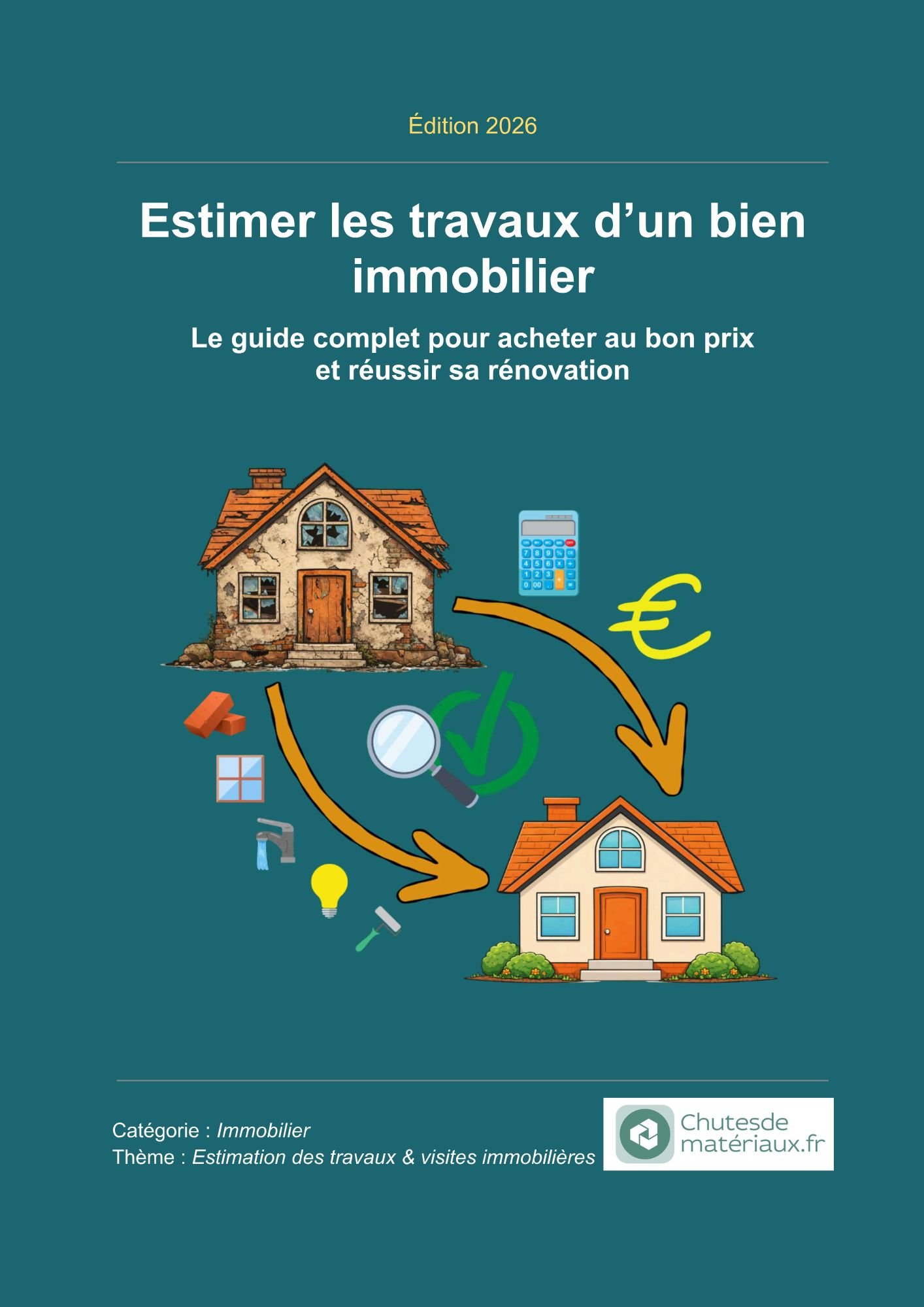 Couverture du guide Estimer les travaux d’un bien immobilier, montrant une maison avant et après rénovation avec des icônes d’analyse, de calcul de budget et de travaux, édition 2026.
