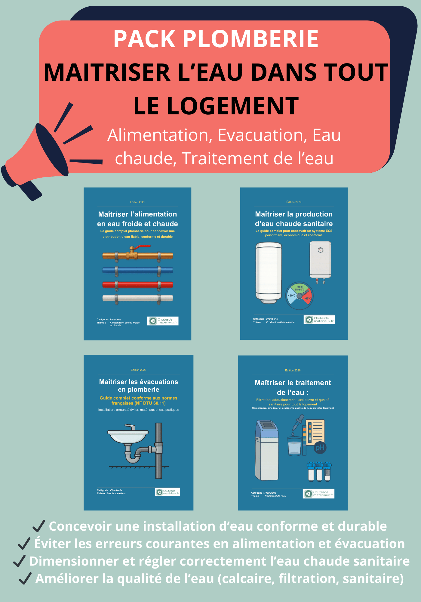 Pack de quatre eBooks plomberie couvrant l’alimentation en eau, les évacuations, l’eau chaude sanitaire et le traitement de l’eau domestique