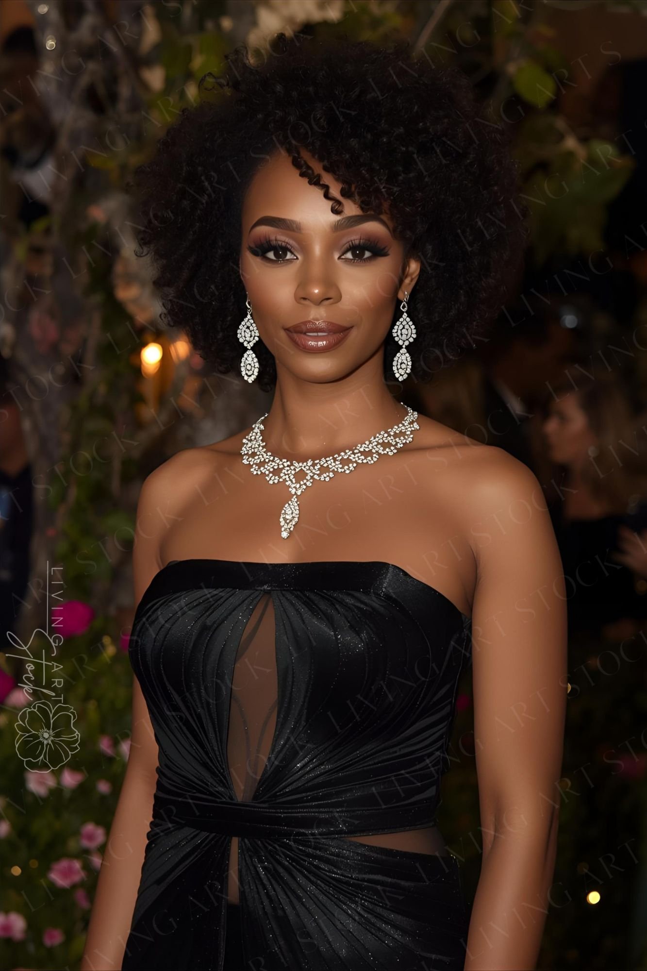 A high-fashion portrait of a stunning Black woman with a natural afro hairstyle attending a prestigious evening event. She is wearing a sophisticated strapless black gown featuring intricate pleated detailing and a sheer mesh bodice insert. Her look is ac