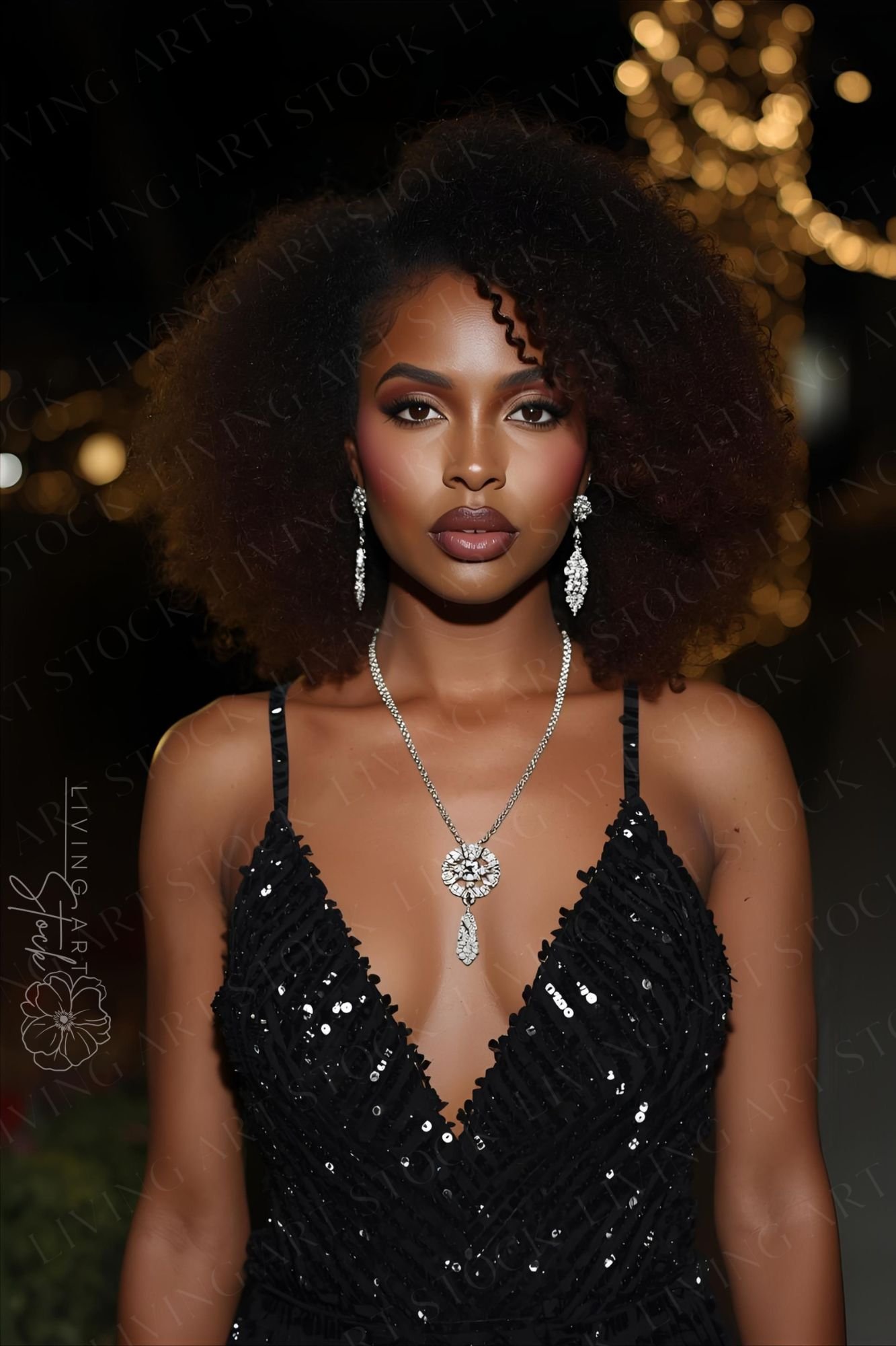 A stunning, high-fashion portrait of a beautiful Black woman with a voluminous afro hairstyle. She is dressed for a formal event in a deep V-neck black sequined dress, complemented by ornate silver or diamond drop earrings and a matching statement necklac