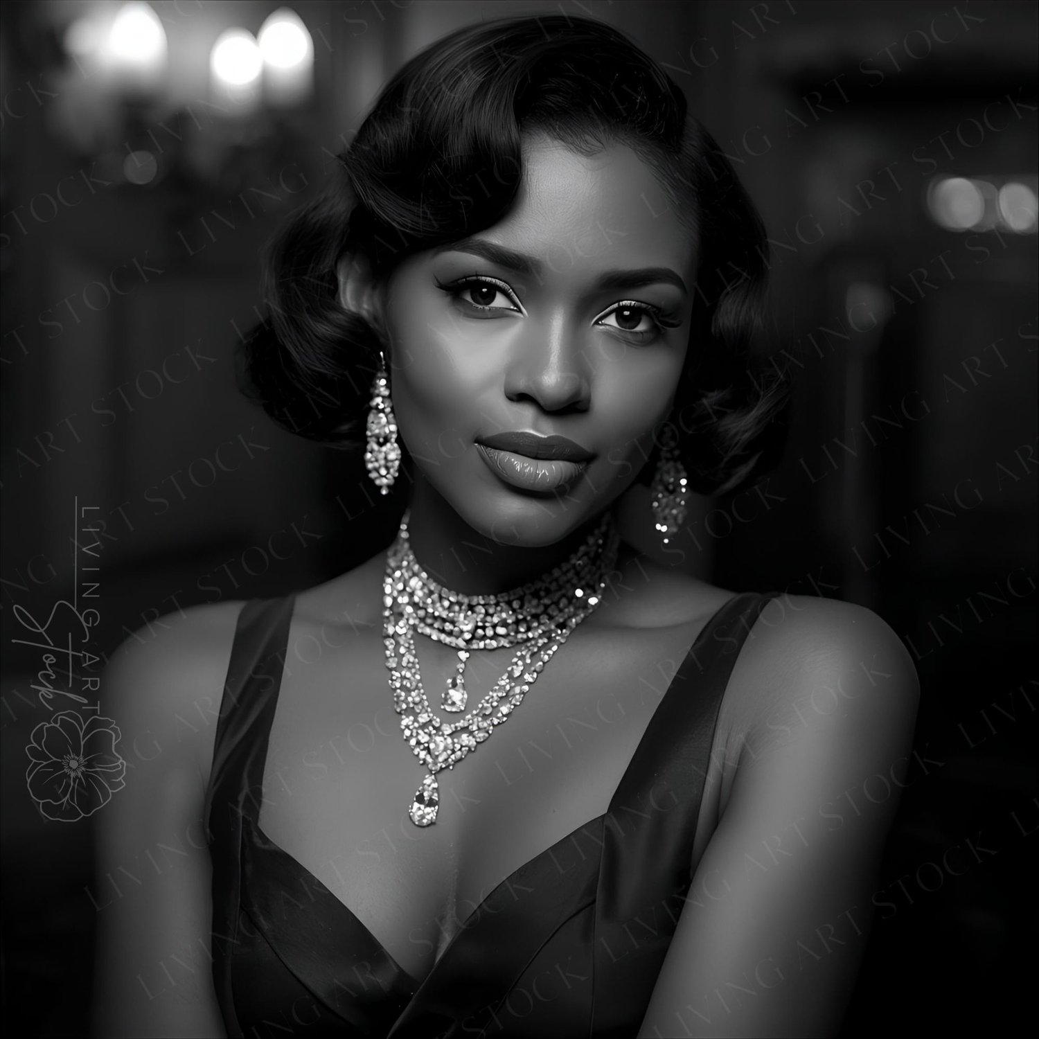A stunning black and white "film noir" style portrait of a beautiful Black woman with a classic 1940s-style wavy bob. She is dressed in a sleek, dark silk evening gown with a plunging neckline, heavily accessorized with multiple layers of sparkling diamon