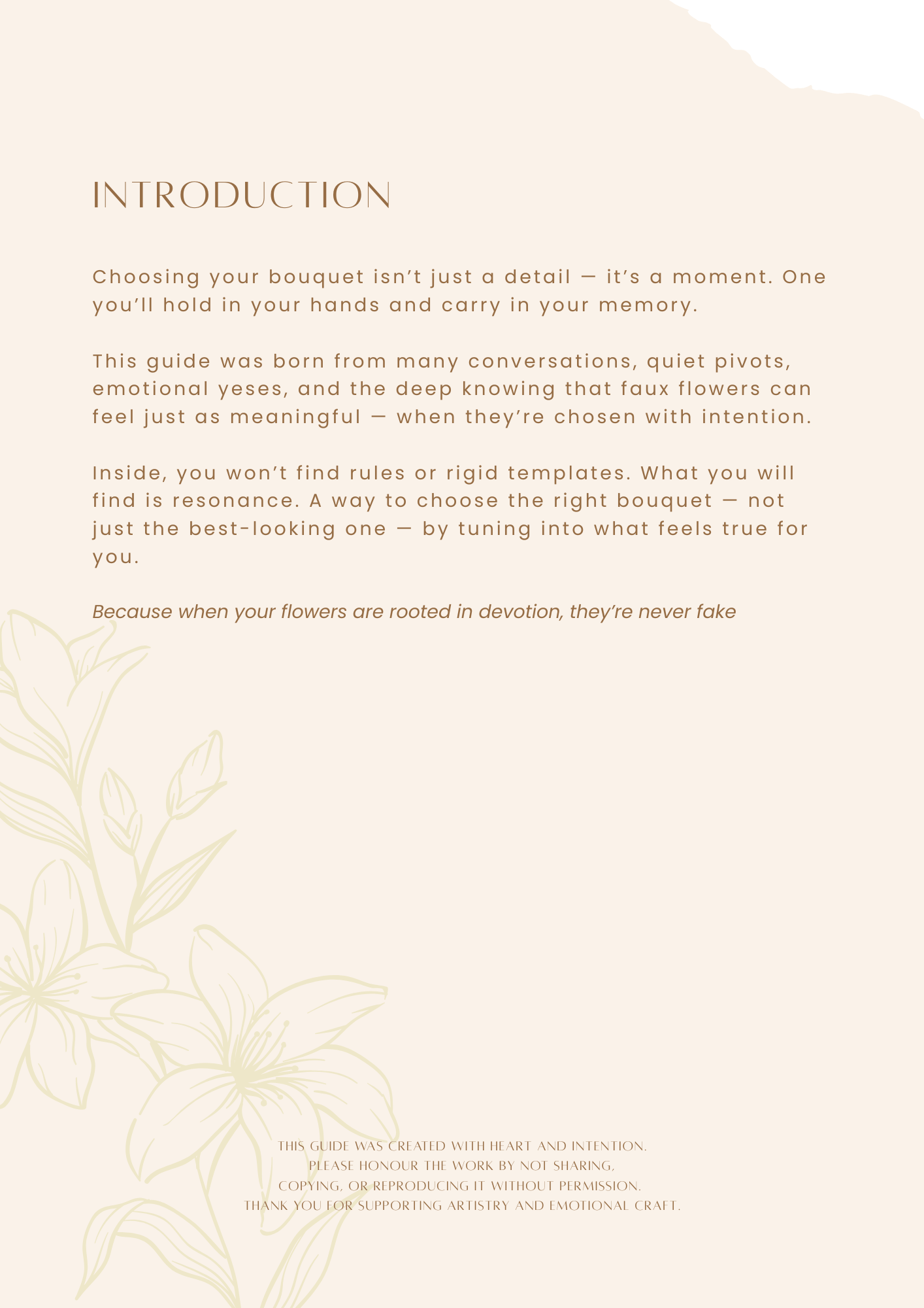 Emotional and intentional welcome message for brides exploring faux floral options