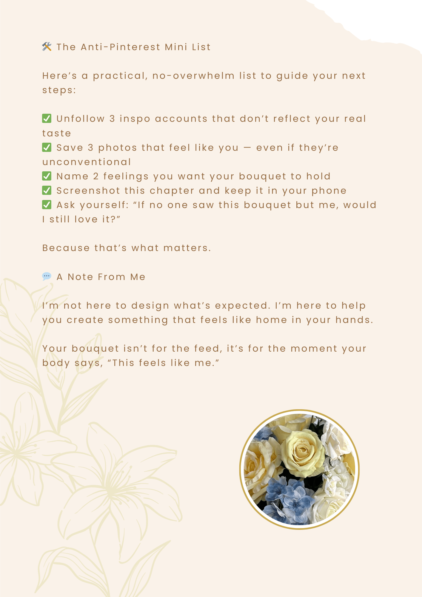 Example interior page of The Faux Flower Field Guide featuring reflective checklist and soft layout