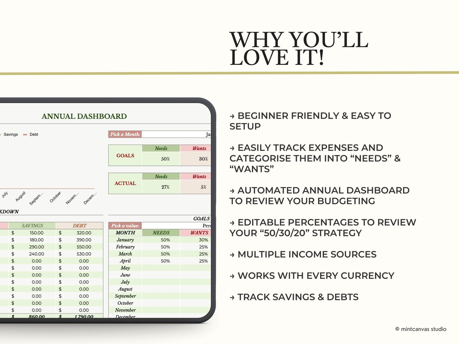 50 30 20 Budget Tracker Google Sheets Monthly Finance Tracker Personal Financial Planner Spreadsheet with Savings and Debt Tracker