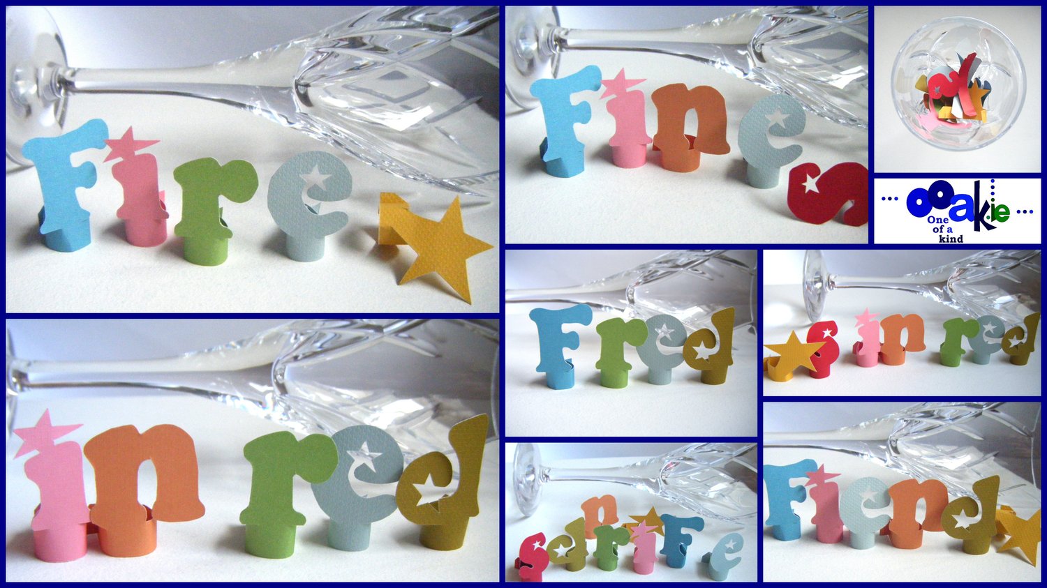 8 printable star-themed wine glass tags spelling FRIENDS, displayed as DIY drink markers on wine glass stems.