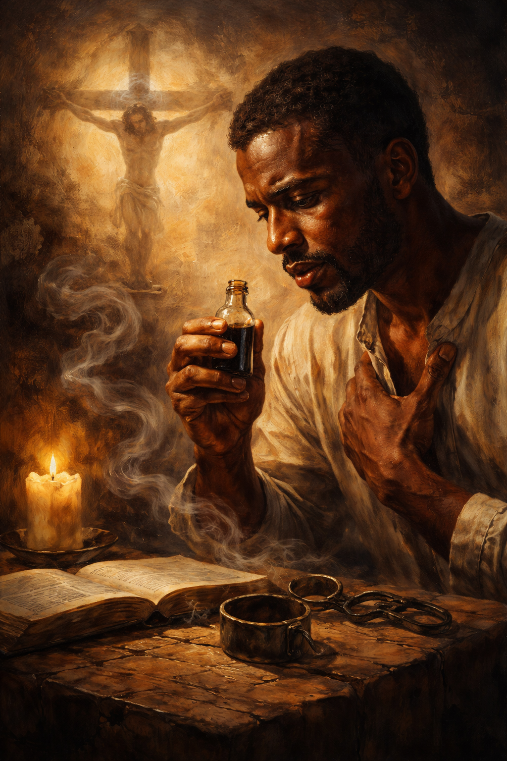 Peinture spirituelle représentant un homme méditatif tenant un flacon sombre, symbole de la rancœur et du pardon, avec le Christ crucifié en arrière-plan, une Bible ouverte et une lumière de bougie évoquant la guérison intérieure et la foi chrétienne.