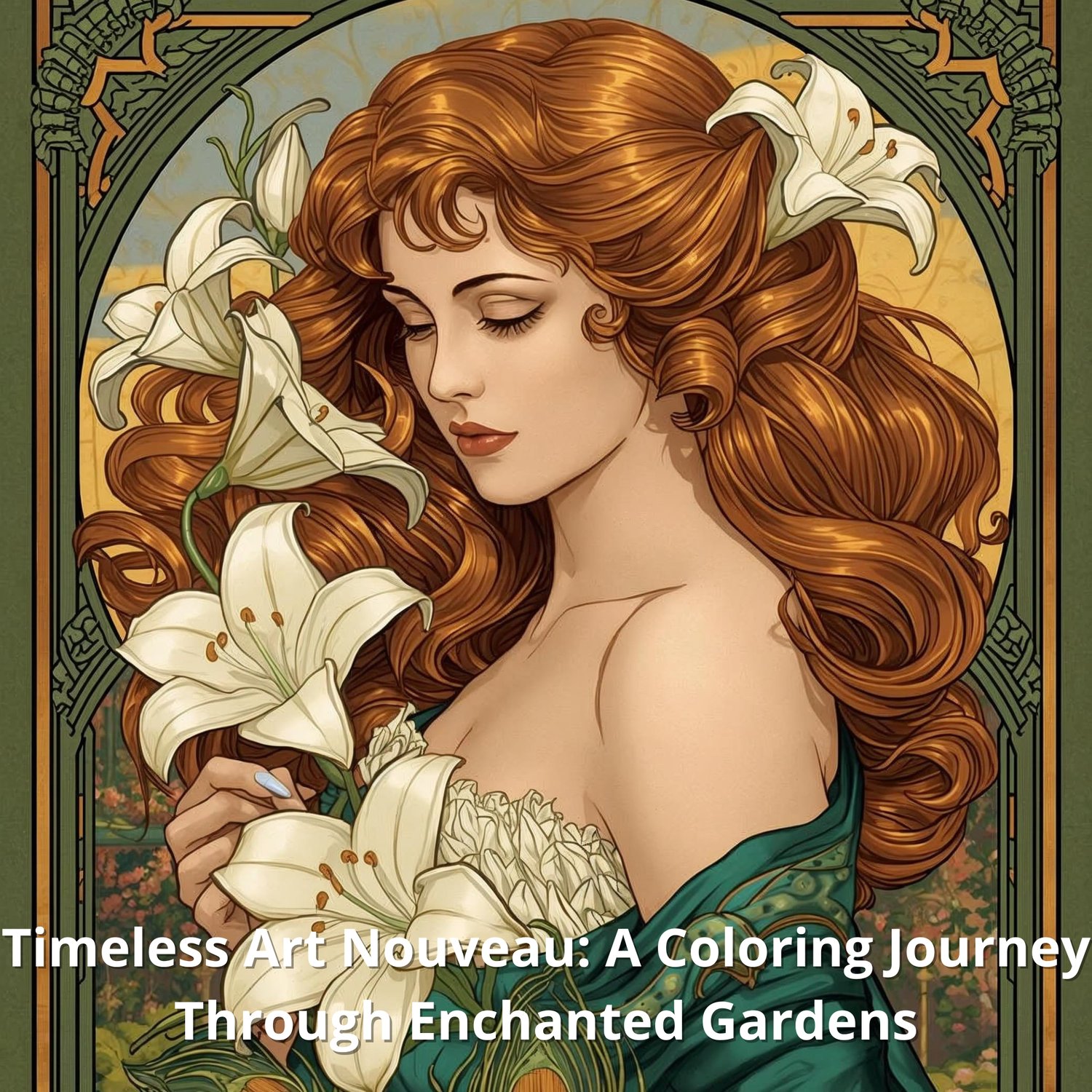 Timeless Art Nouveau coloring book cover, featuring elegant flowing lines and enchanted garden motifs, 40+ pages PDF.