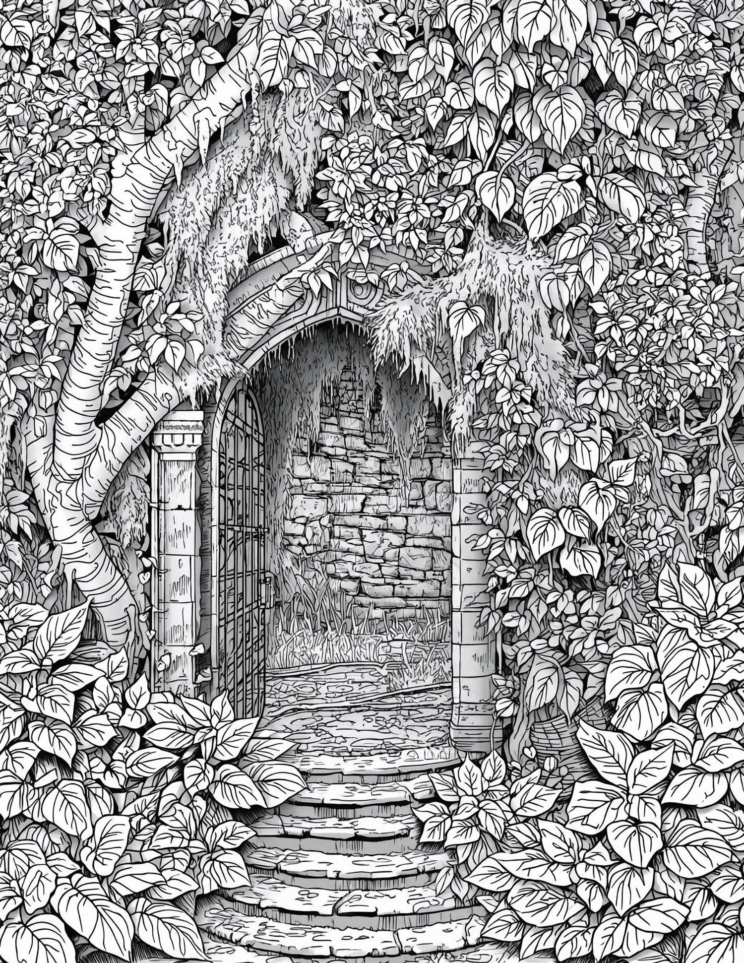 Art Nouveau style entrance to a garden grotto, featuring curved organic shapes and botanical ornaments, detailed line art.