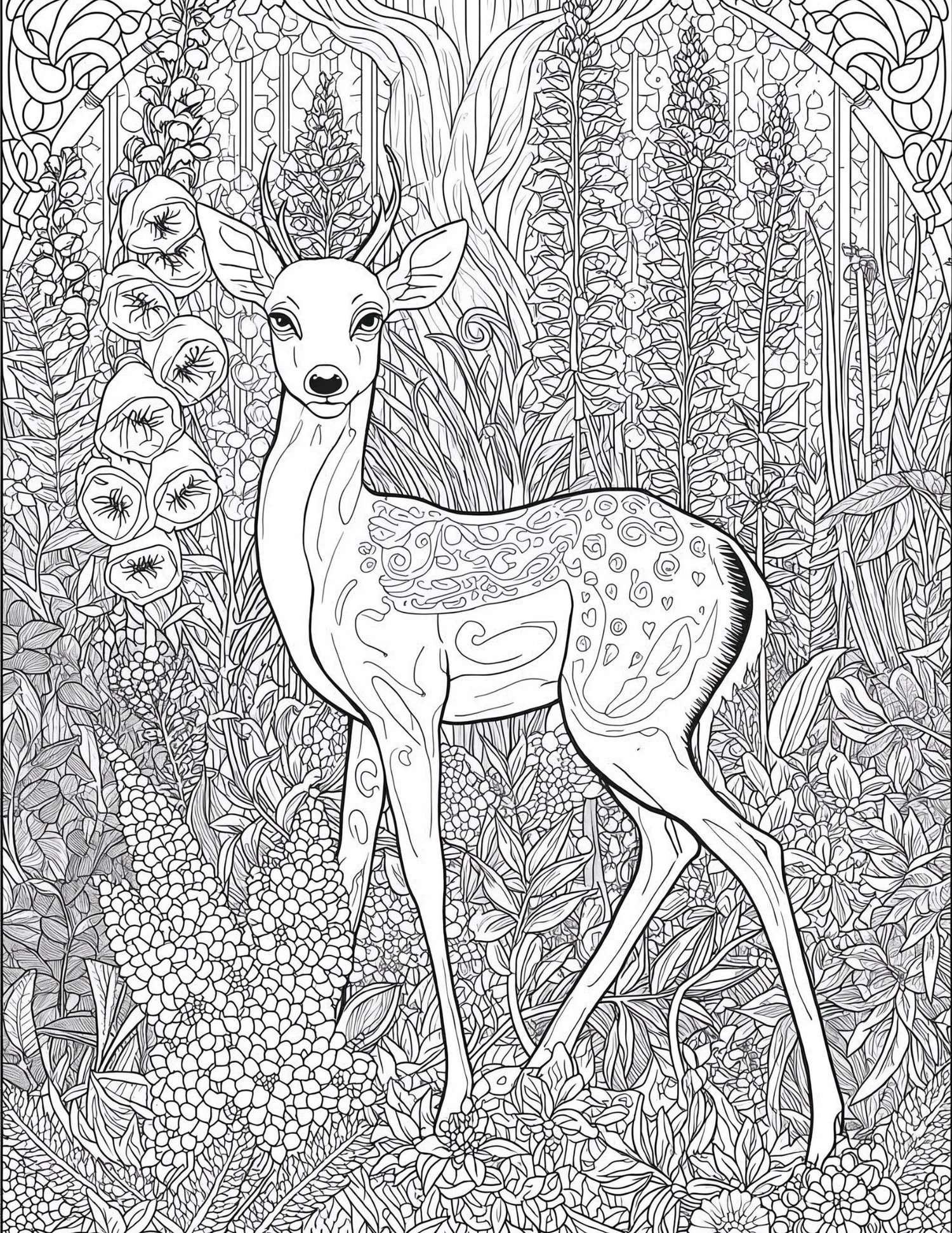 A graceful deer in a forest clearing, surrounded by Art Nouveau style trees and floral patterns, printable coloring page.