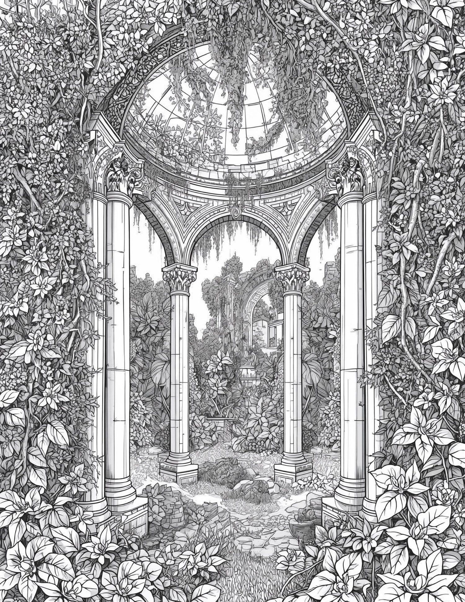 Large garden gallery with iconic Art Nouveau arched pillars and flowing glass roof design, detailed architectural line art.