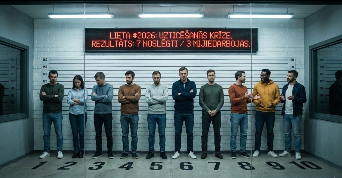 Desmit pieaugušie stāv vienā rindā policijas “line-up” telpā pie numuriem 1 līdz 10, fonā balta ķieģeļu siena ar auguma atzīmēm un virs viņiem sarkans LED tablo ar tekstu “LIETA #2026: UZTICĒŠANĀS KRĪZE. REZULTĀTS: 7 NOSLĒGTI / 3 MIJIEDARBOJAS.” Pirmie se