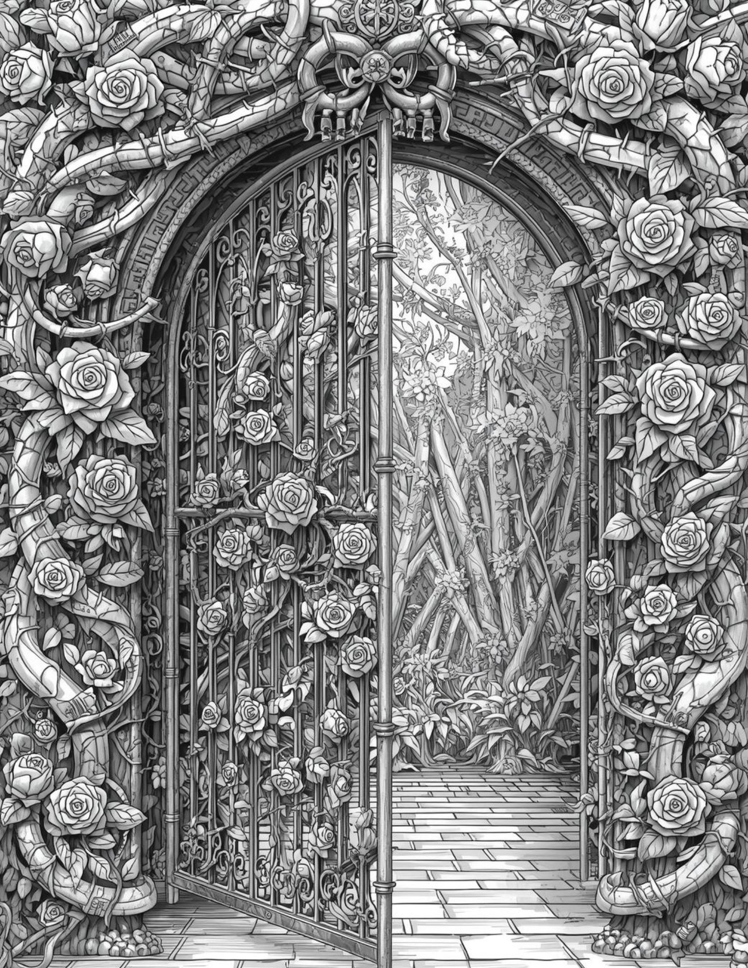 Intricate wrought iron garden gate surrounded by mystical climbing plants, detailed engraving-style line art.