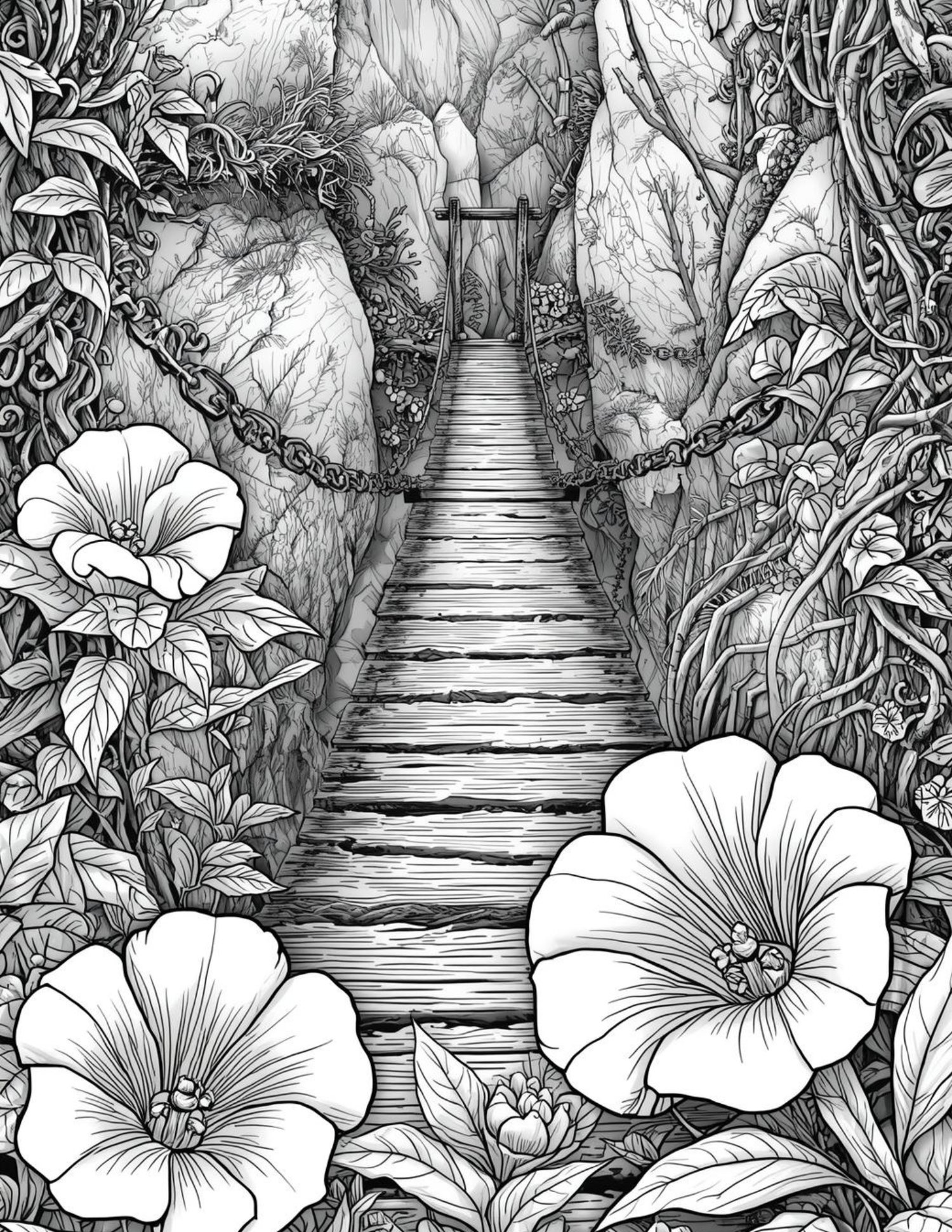 Wooden suspension bridge over a misty garden stream, atmospheric landscape illustration for coloring.