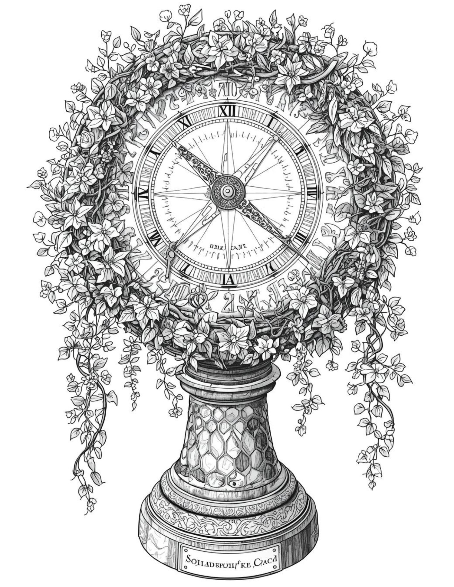 Detailed engraving-style line art of an hourglass surrounded by mystical vines and flowers, symbolic botanical coloring page.