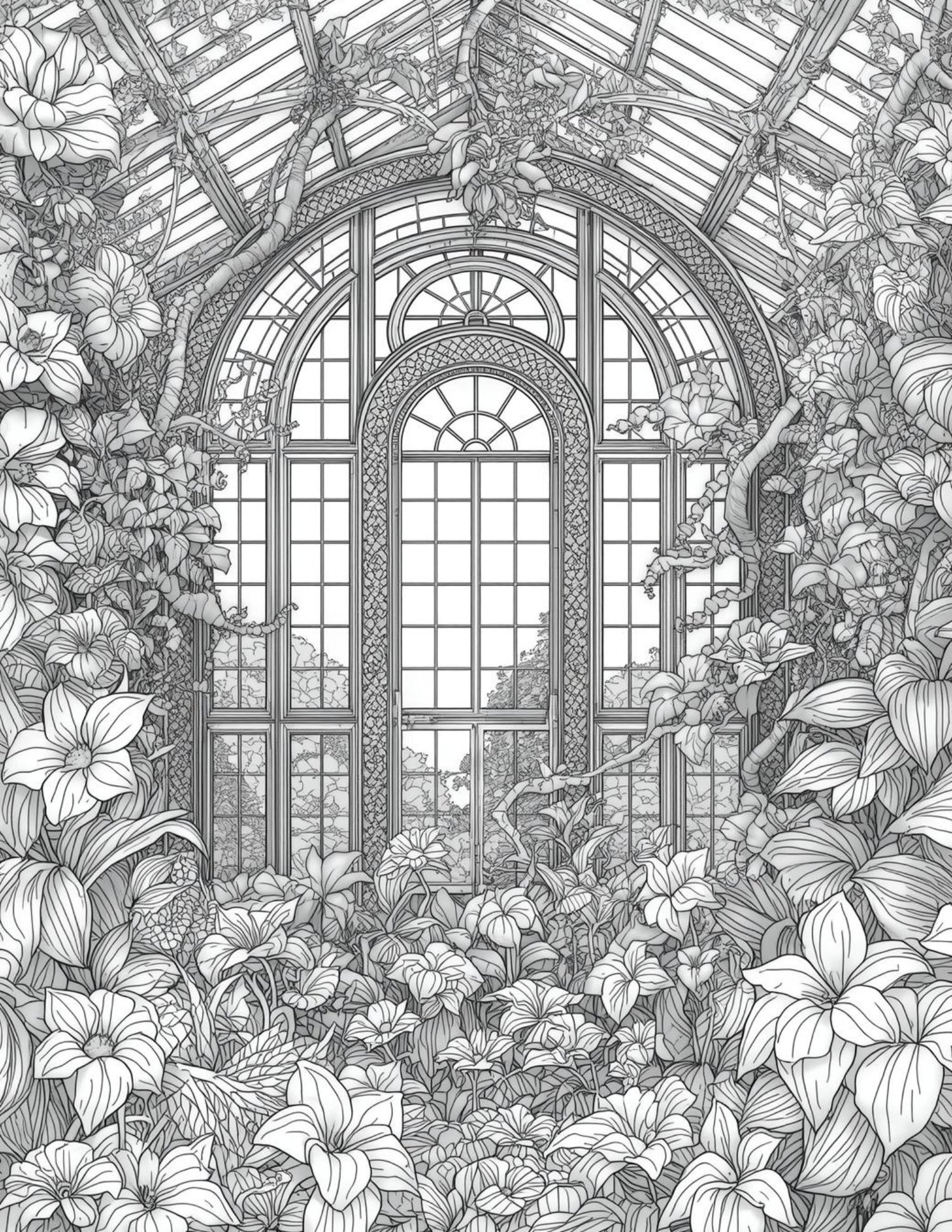 Long covered garden gallery with arched pillars and lush greenery, detailed architectural coloring page.